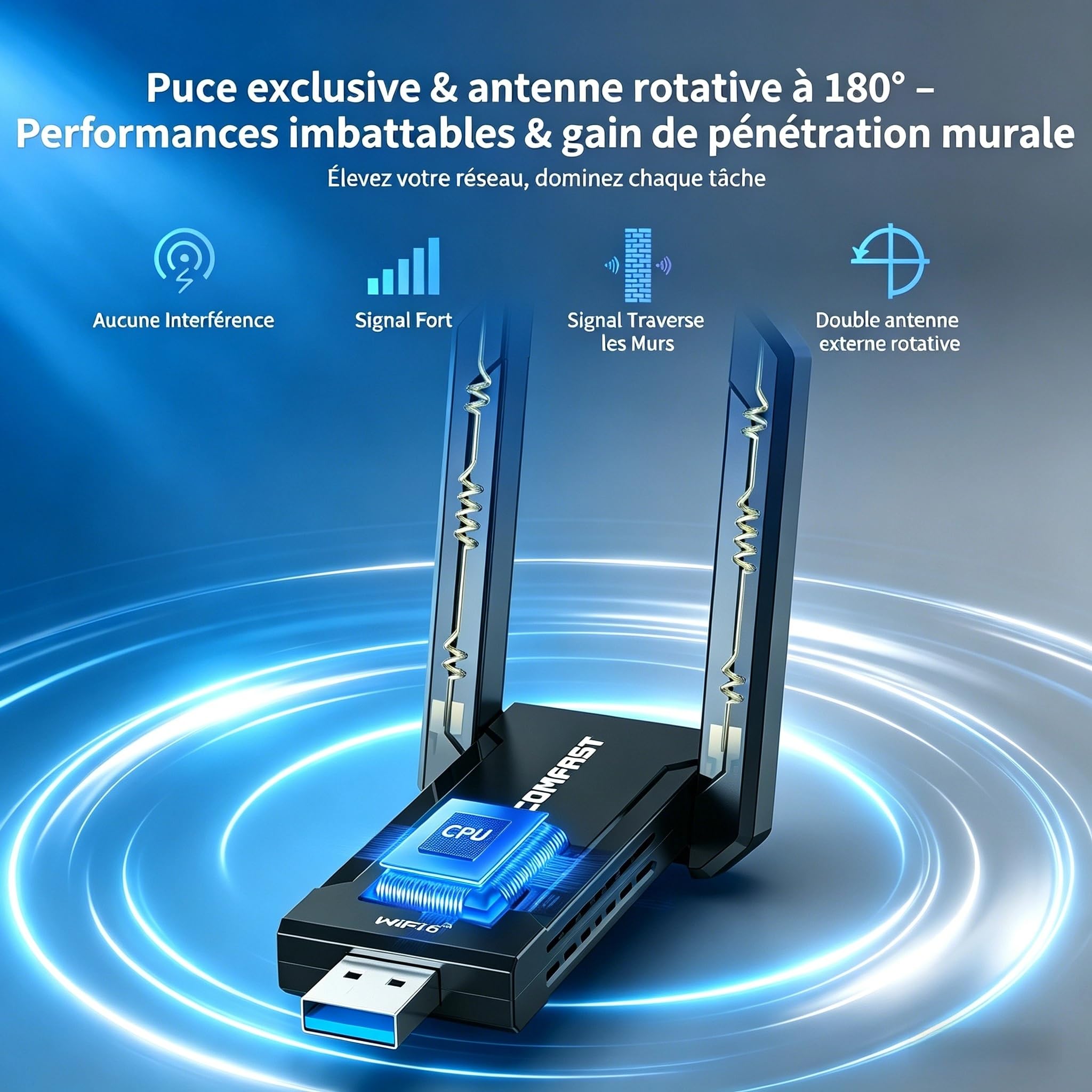 COMFAST Clé WiFi 6E AX5400 Tri-Bande 6GHz 5GHz 2,4GHz USB Adaptateur WiFi Windows 11/10 WPA3 MU-MIMO