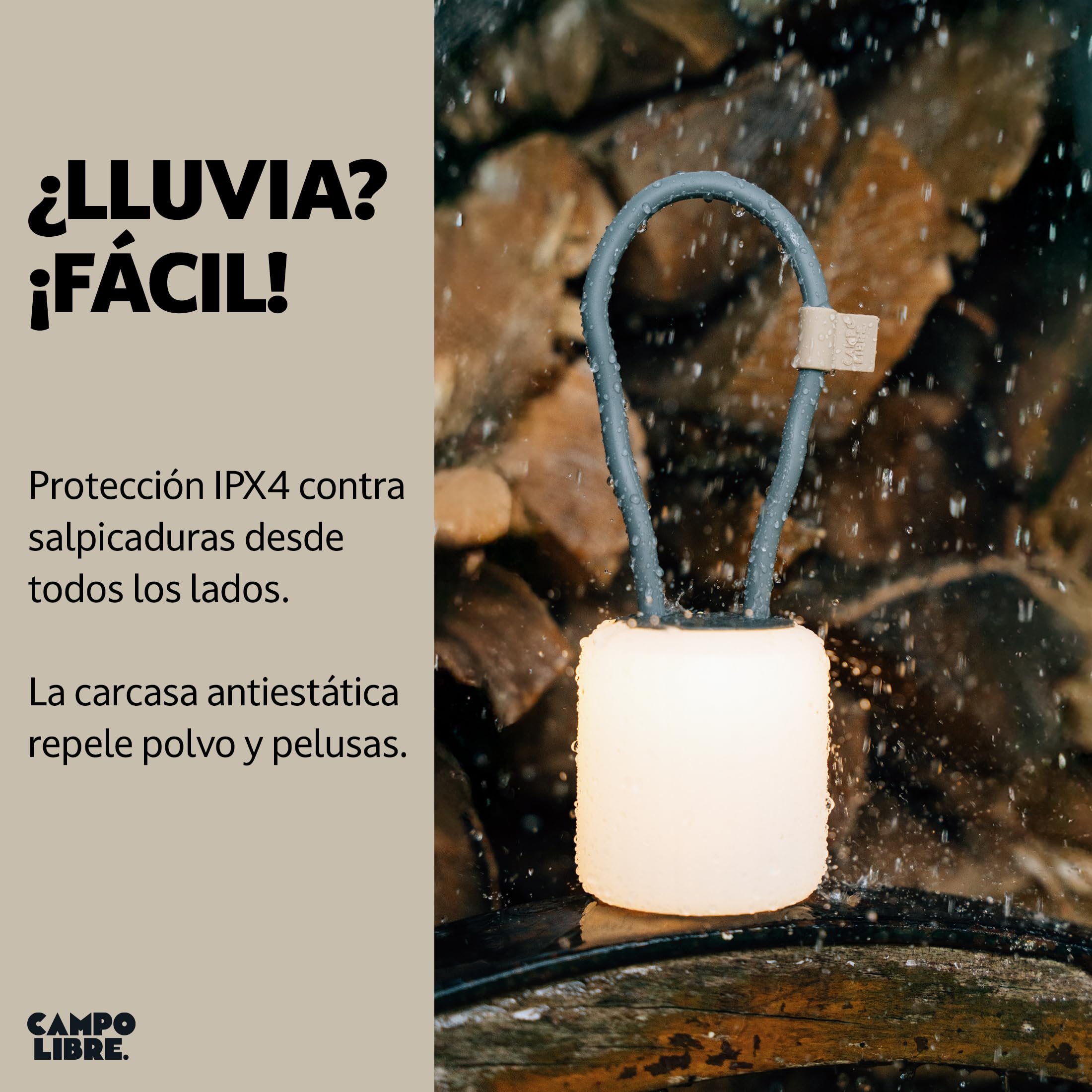 Campo Libre.® LENI Lampara Recargable – Luz Exterior con Asa Flexible, Luz Camping Regulable, Linterna de Mesa IPX4, 200 h de Autonomía, SqueezeShell irrompible, Carga USB-C, Rectángulo, Azul