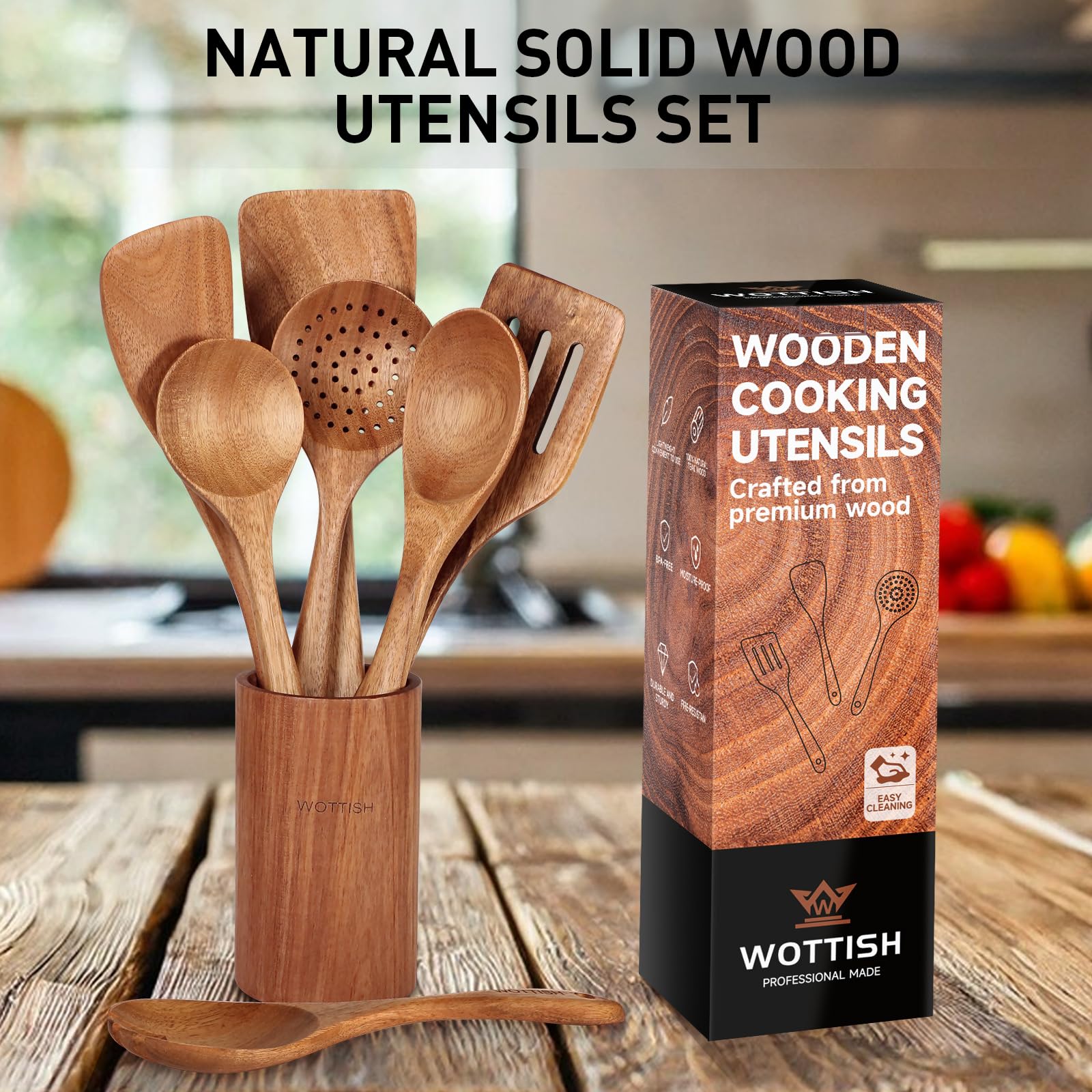 Holzlöffel zum Kochen – 8-teiliges Küchenhelfer-Set aus Holz mit natürlichem Massivholzmaterial – einschließlich Löffel, Spatel, Schöpflöffel, Salatgabel, Rührlöffel und Utensilienhalter (A08)