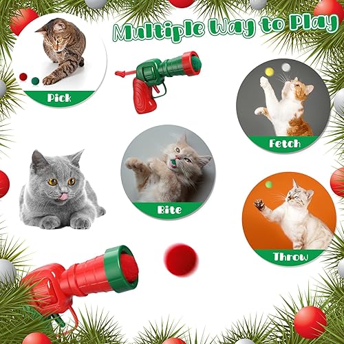 Miniatura 5 de ShinyRelief 102 piezas de juguete lanzador de bolas para gatos con 100 bolas de peluche para gatos y 2 lanzadores, juguete interactivo de Navidad