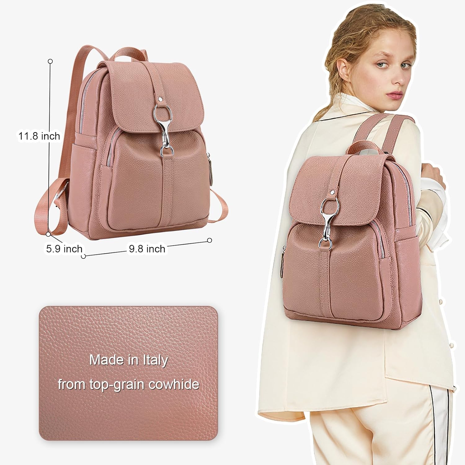 BOYATU Genuine Leather Backpack Purse for Women: Fashion Soft BackPacks Bag - Anti theft Travel Shoulder Handbag (Pink) - Image 3