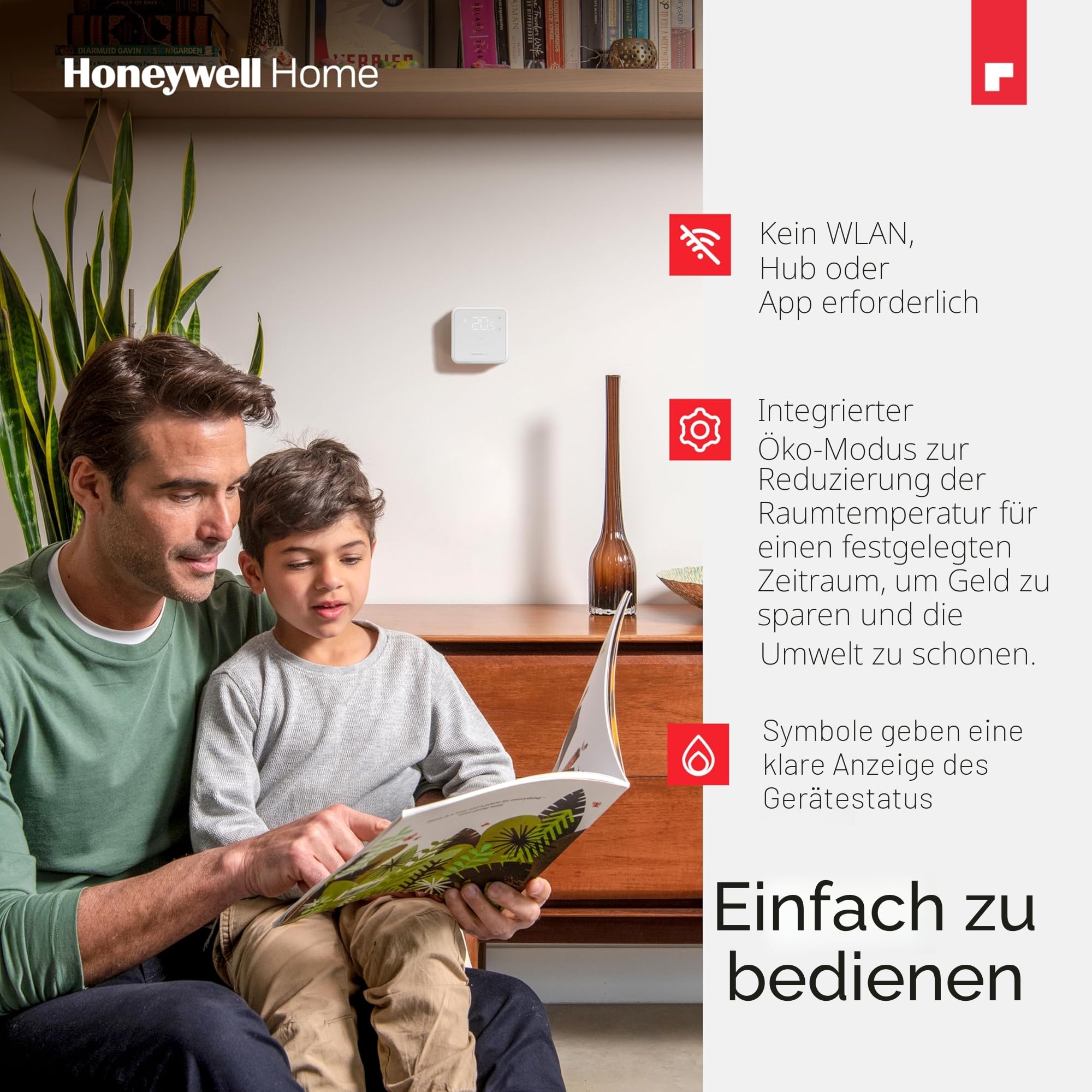 Honeywell Home Raumthermostat, leicht ablesbares, energieeffizientes Display auf LED-Basis, kabelgebunden, weiß