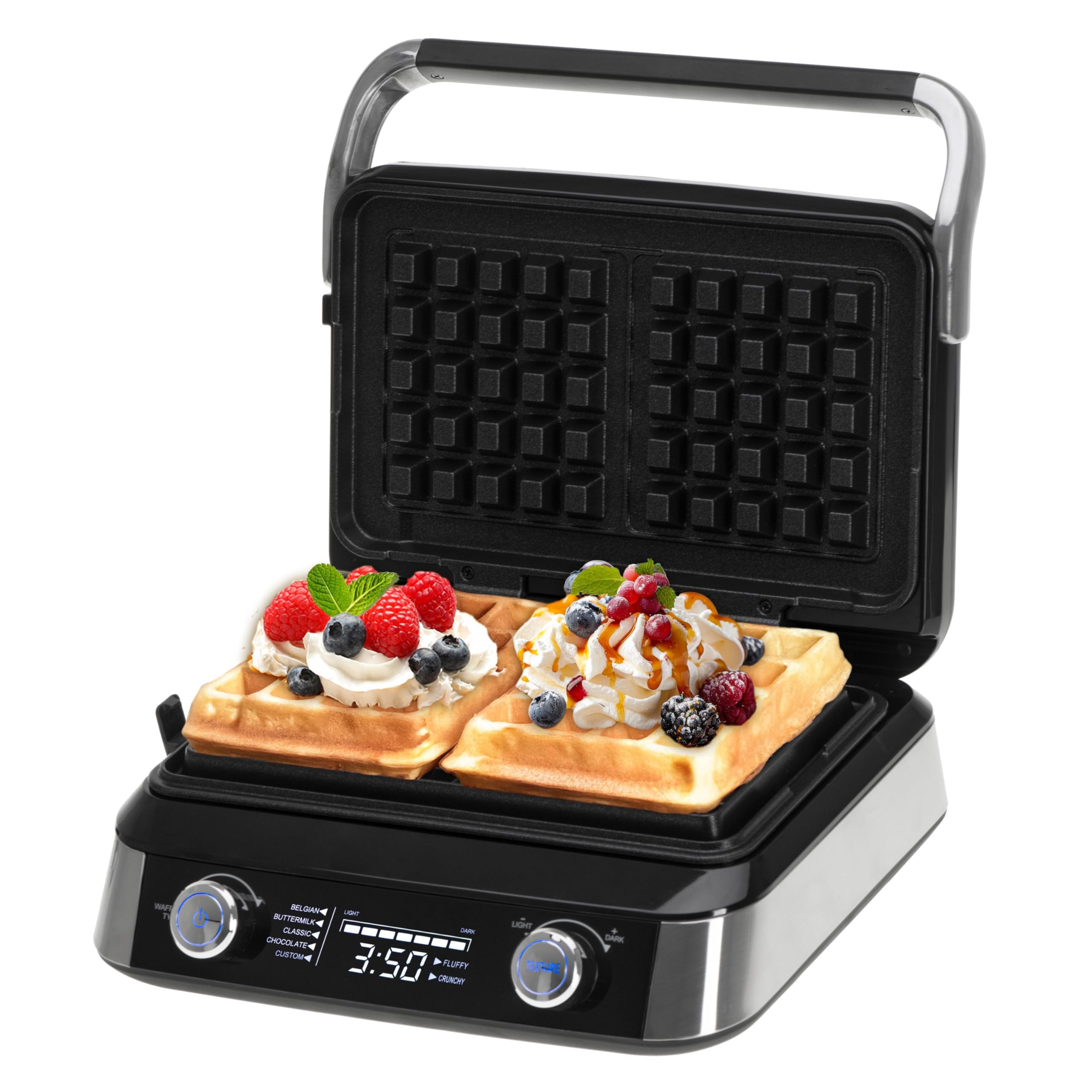 ADLER EUROPE Waffeleisen Belgische Waffel – Doppelwaffeleisen mit LCD Display – 2400W Waffelautomat für Butterwaffeln & Schokoladenwaffeln – 5 Programme, 7 Bräunungsstufen – Tief-Heizplatten 12x13x2cm