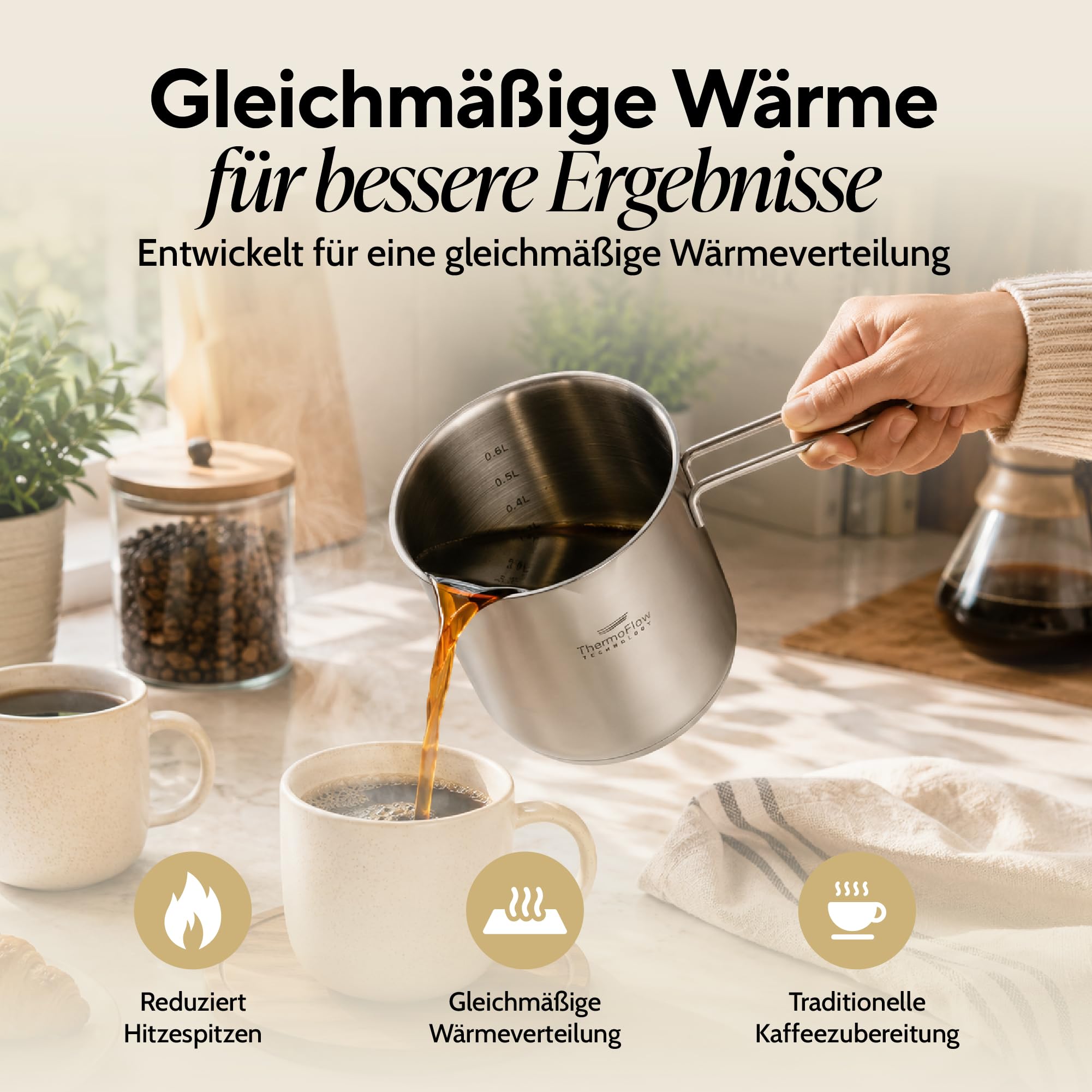 ROSMARINO Edelstahl-Induktions-Mokka-Kanne 900 ml – Türkische Cezve-Kaffeekanne aus 18/10 Edelstahl mit 3-lagigem Thermoboden, Spülmaschinengeeignet