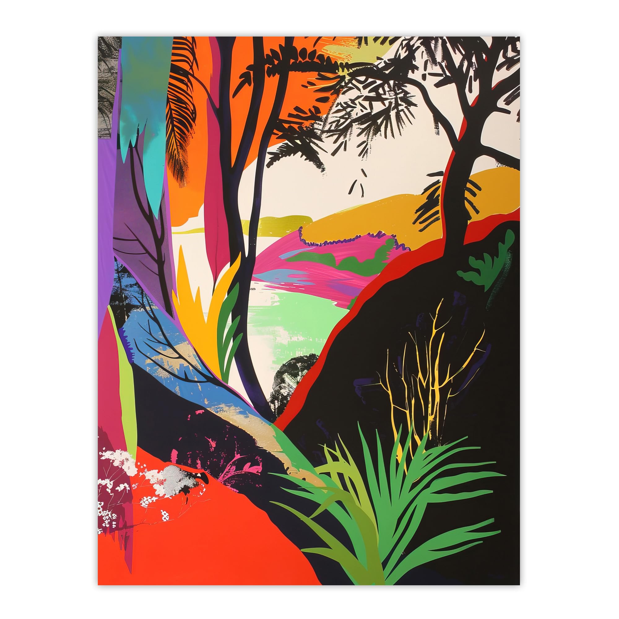 Artery8 Colourful Abstract Trees Hills Lake Bright Bold Living Room Extra Large XL Wall Art Poster Print