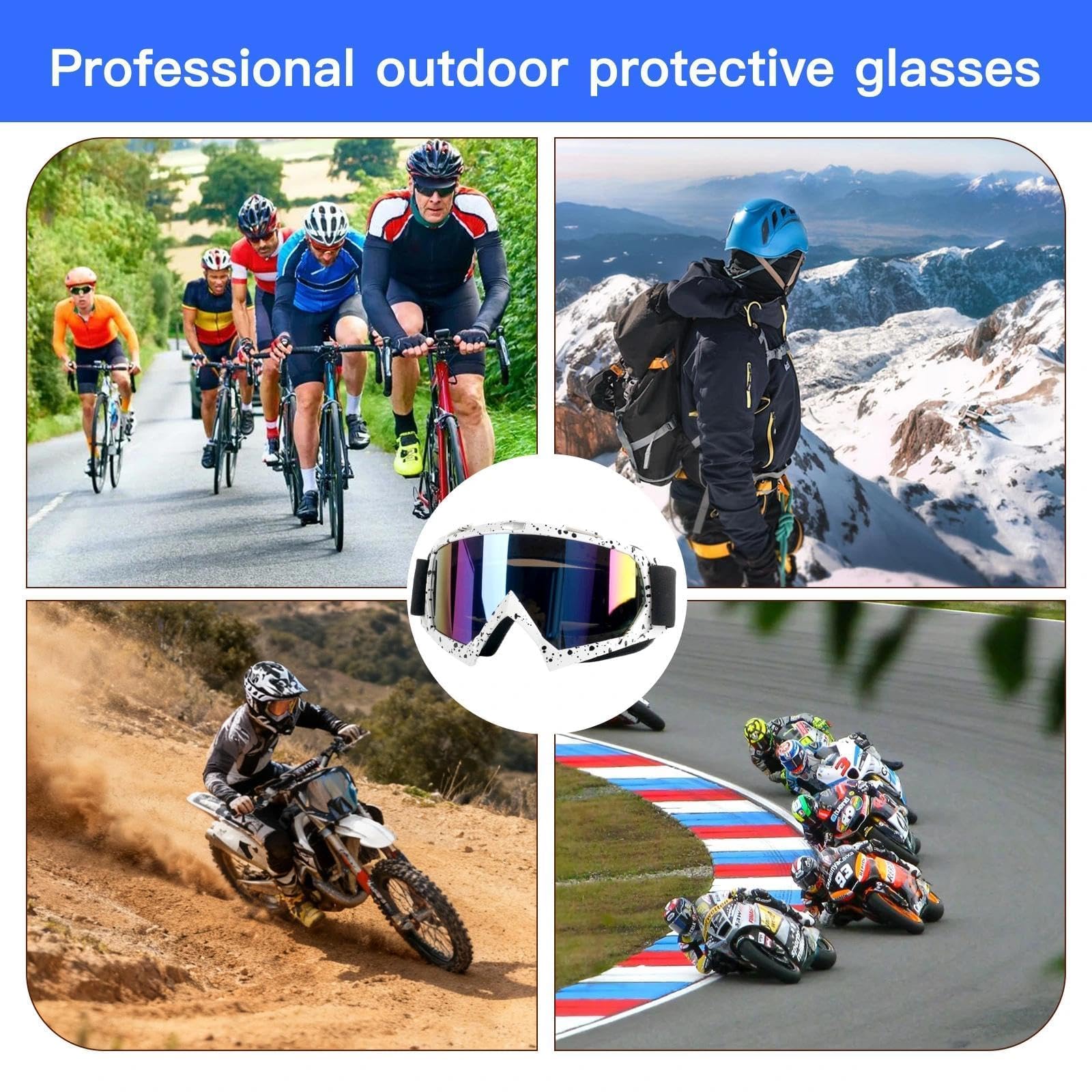 Occhiali Motocross,OTG Maschere Snowboard,Mascherina Casco Motocross - Antivento, Antiappannamento, protezione UV,Imbottiti Schiuma - Unisex per Moto, MTB, ATV, Casco Compatibile.（Bianco）