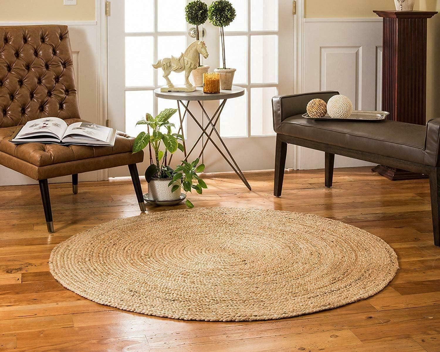 NAT-001 Tapis en jute naturel tressé à la main de forme ronde Beige 90 x 90 cm