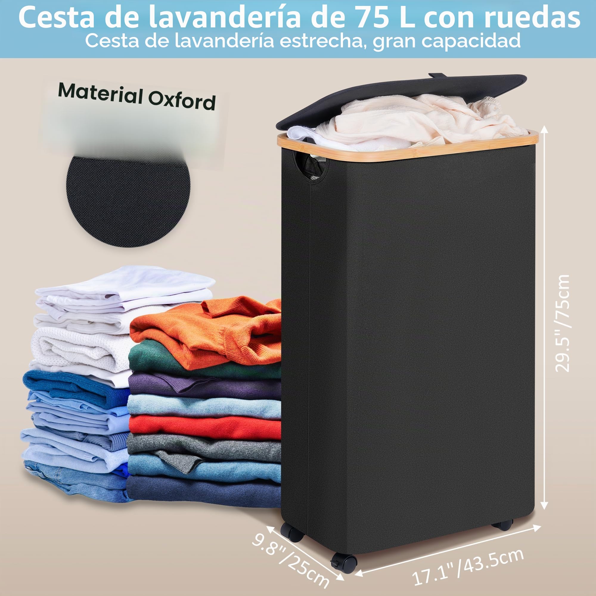 efluky Cesto de Ropa Sucia con Ruedas, Cesto de Ropa Sucia Plegable de 75L con Tapa, Cesta de Ropa Sucia Plegable con Asas de Bambú y Bolsa Extraíble para Dormitorio, Baño, Lavadero