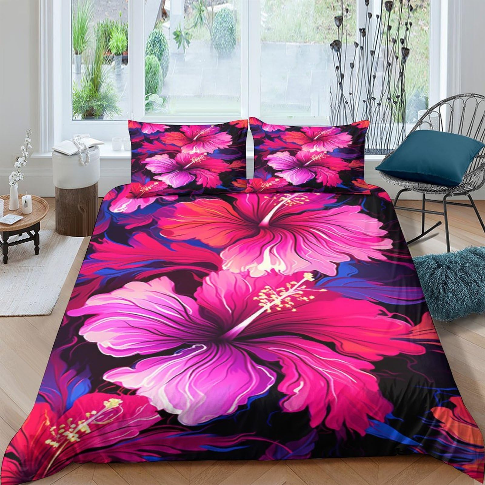 Housse de couette 220x240 cm et 2 taies d'oreiller motif fleurs d'hibiscus pour lit king size