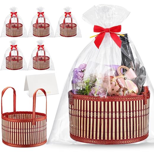 Weysat Conjunto de 6 cestas para presentes, kit de cesta de presente de bambu grande resistente com alça de embrulho, laço vermelho para encher para Natal, Dia das Mães, festa de inauguração de casa