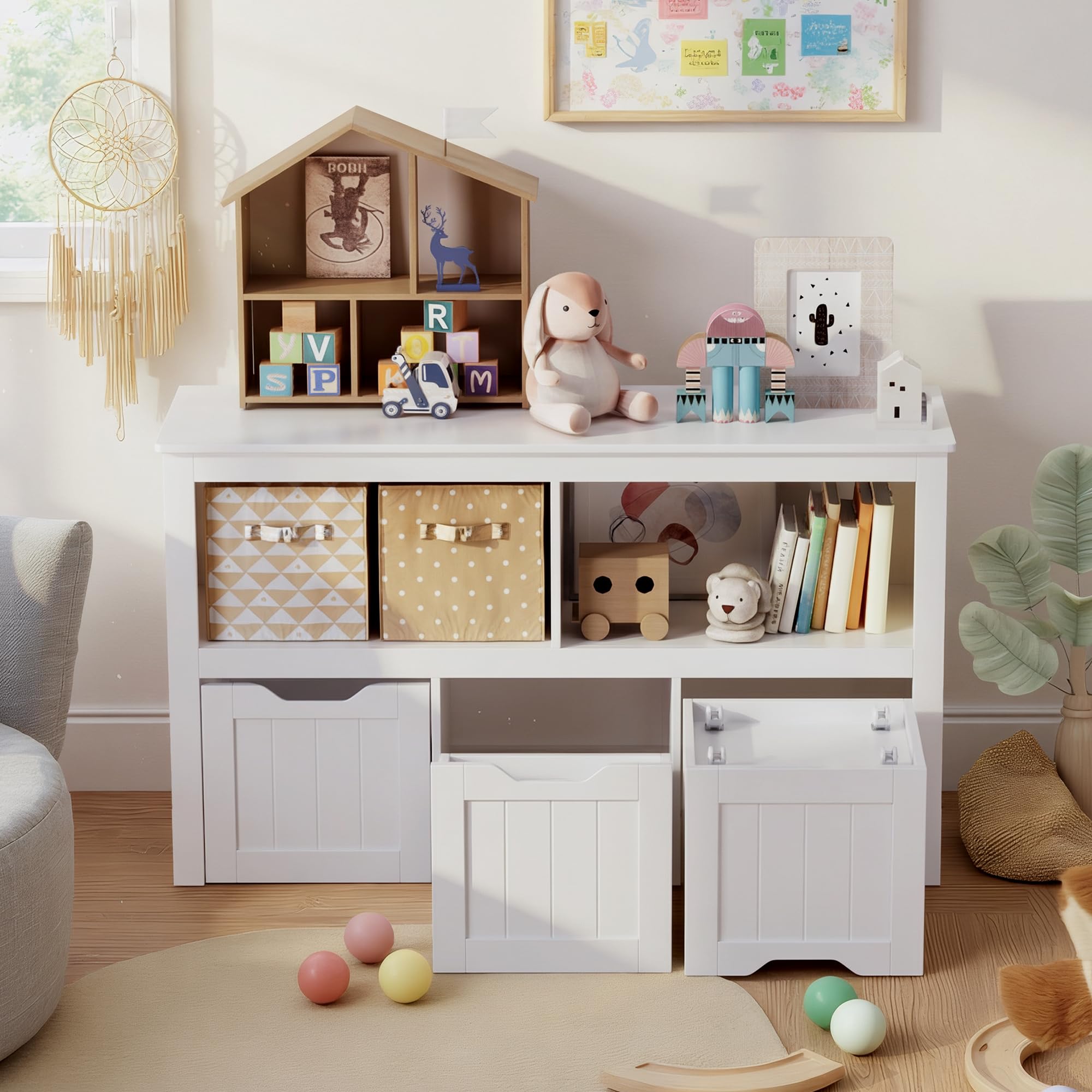 Armadietto per Riporre Giocattoli per Bambini, Libreria in Legno con 3 Cassetti con Ruote, 2 Scomparti Aperti, per Soggiorno, Camera da Letto e Stanza dei Giochi, 102 x 30 x 60 cm (Bianco)