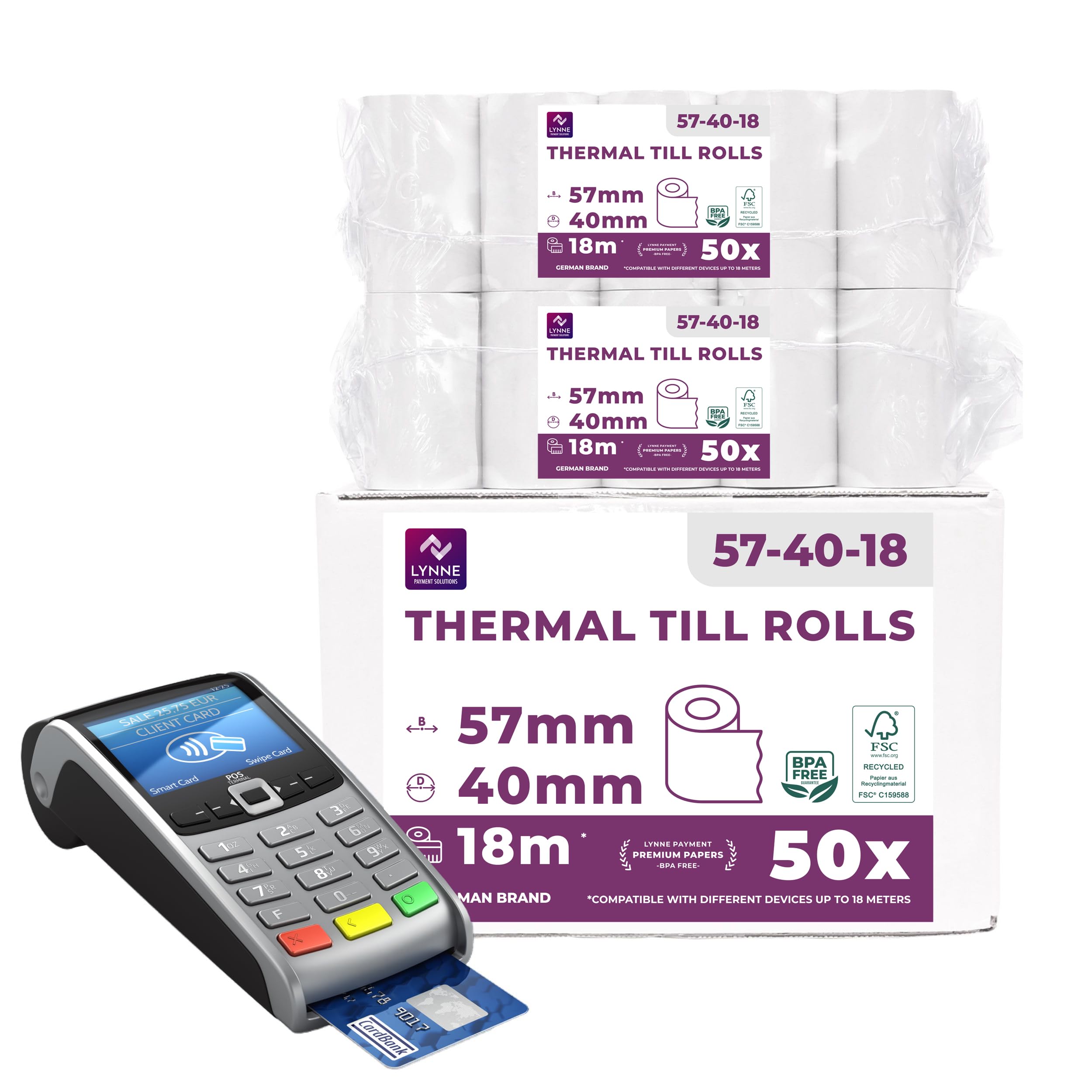 Ec-Cash Thermorollen 57mm x 18m x 12mm - Kassenrollen - Thermopapier - Bonrollen für Bankomat - Kredit-Kartenlesegeräte (57x40x12) (50 Rollen)