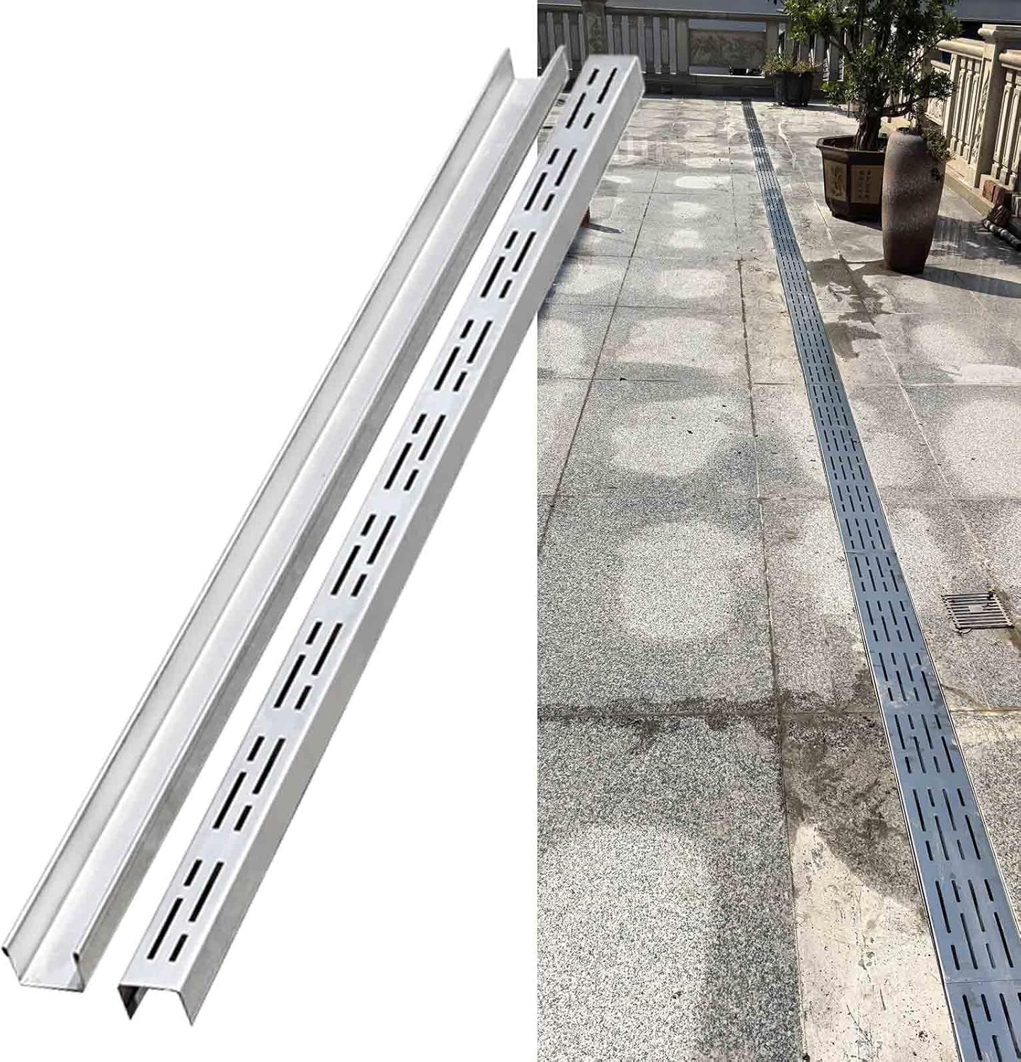 Grille de caniveau mince efficace 15x5 cm en inox pour un drainage optimal sans flaques