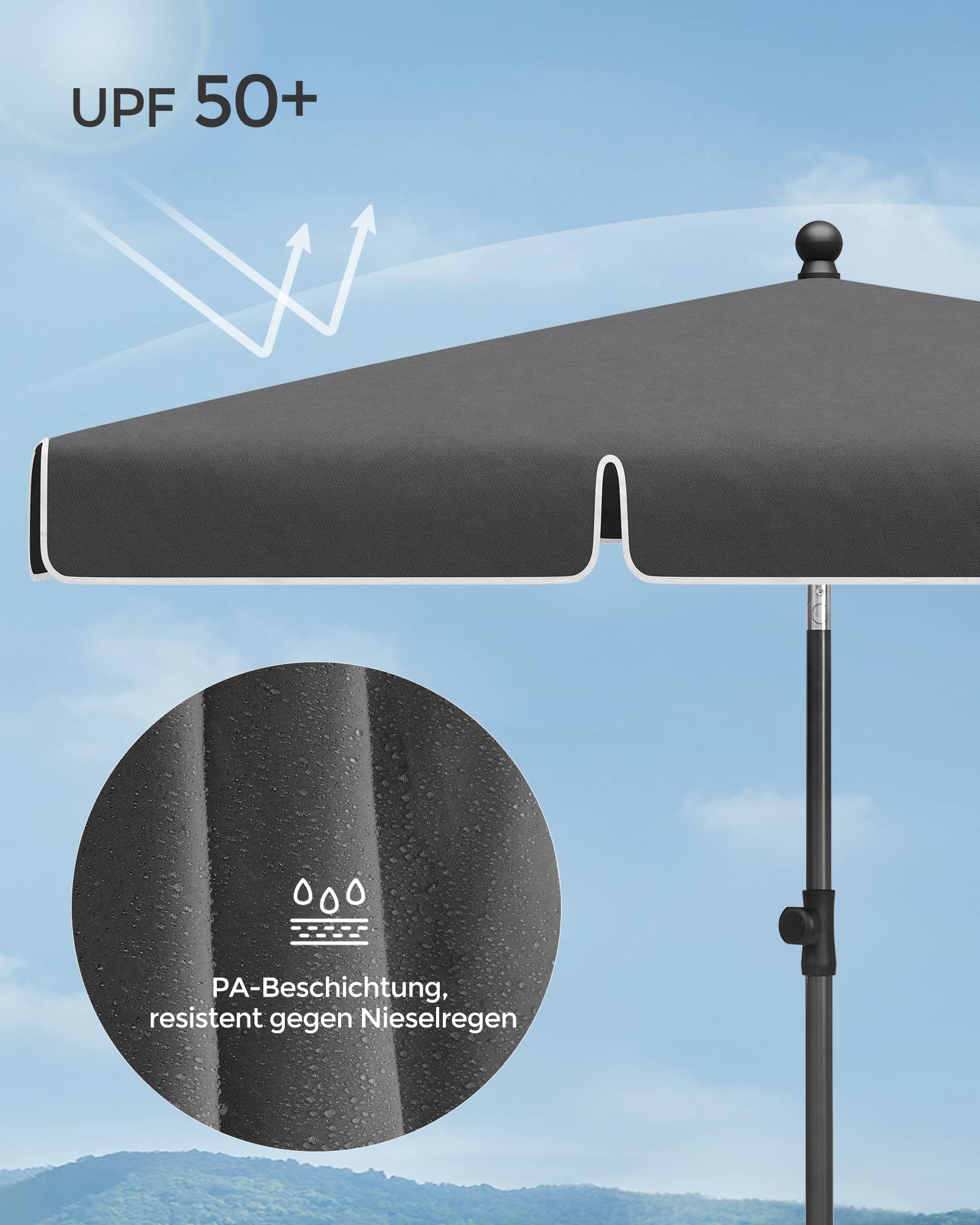 SONGMICS Sonnenschirm 200 x 125 cm, Balkonschirm UPF 50+, Sonnenschutz, beidseitig um 30° knickbar, höhenverstellbar, mit Aufbewahrungstasche, für Garten, Terrasse, ohne Ständer, grau GPU25GY
