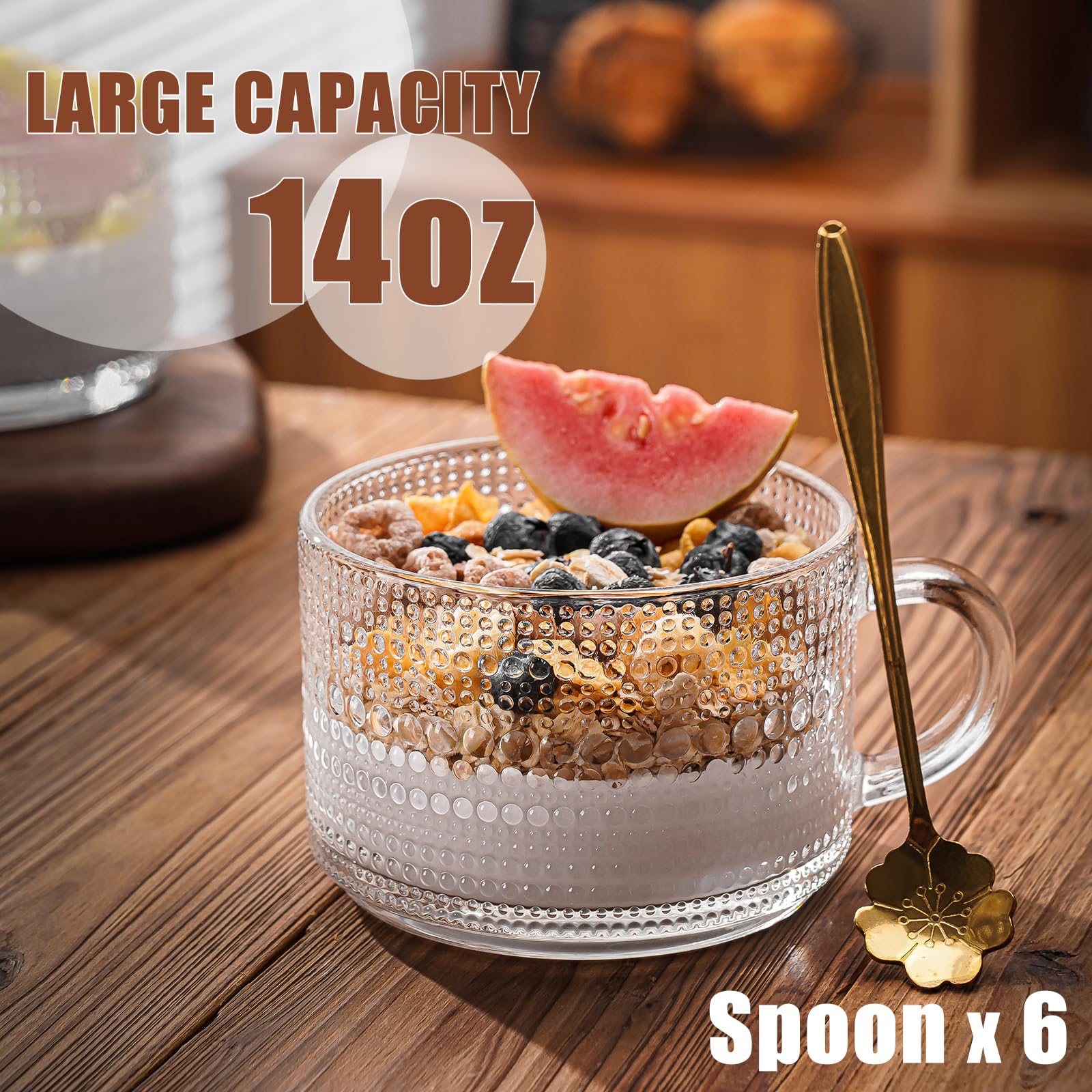 Claplante Vintage Coffee Mugs Set of 6, 14 oz Glass Coffee Tea Cups with Handle, Clear Embossed Glassware with 6 Spoons, Glass Mugs, Glass Coffee Cups for Cappuccino, Latte, Cereal, Yogurt, Milk