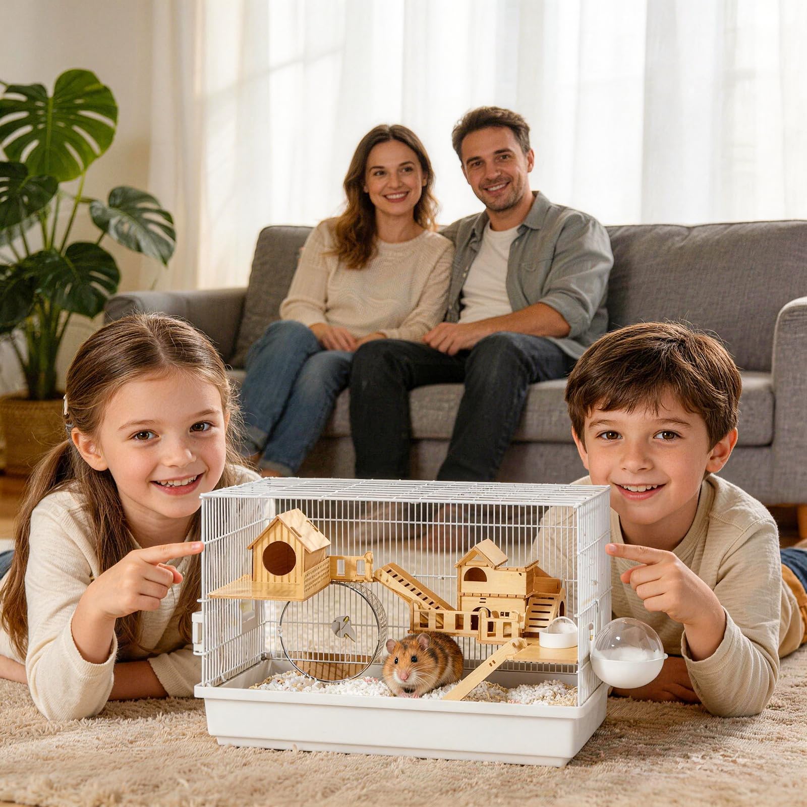 Gabbia per criceti 3 ripiani, gabbia per animali piccoli, resistente al morso, dotata di girante, borraccia e set di accessori da 10 pezzi, 60 x 32 x 40 cm, gabbia per criceti in legno, facile da