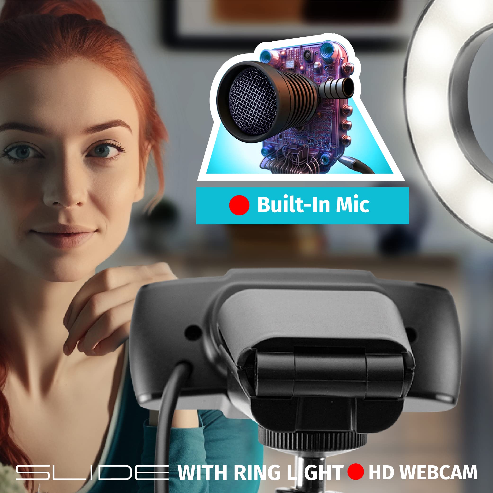 Slide 1080P HD webcam, anello di luce portatile con supporto, kit vlogging per TikTok, YouTube, Twitch, apparecchiature di trasmissione, videocamera registratore video con 30 modalità di luce, 30 FPS