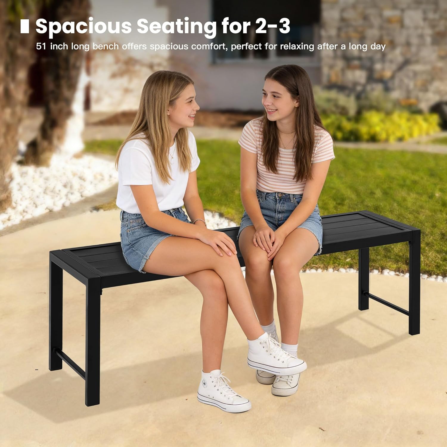 3 Pieces Outdoor Dining Set, 63.1" Patio Dining Table with 2 Metal Outdoor Backless Benches for Garden Lawn Backyard, Black