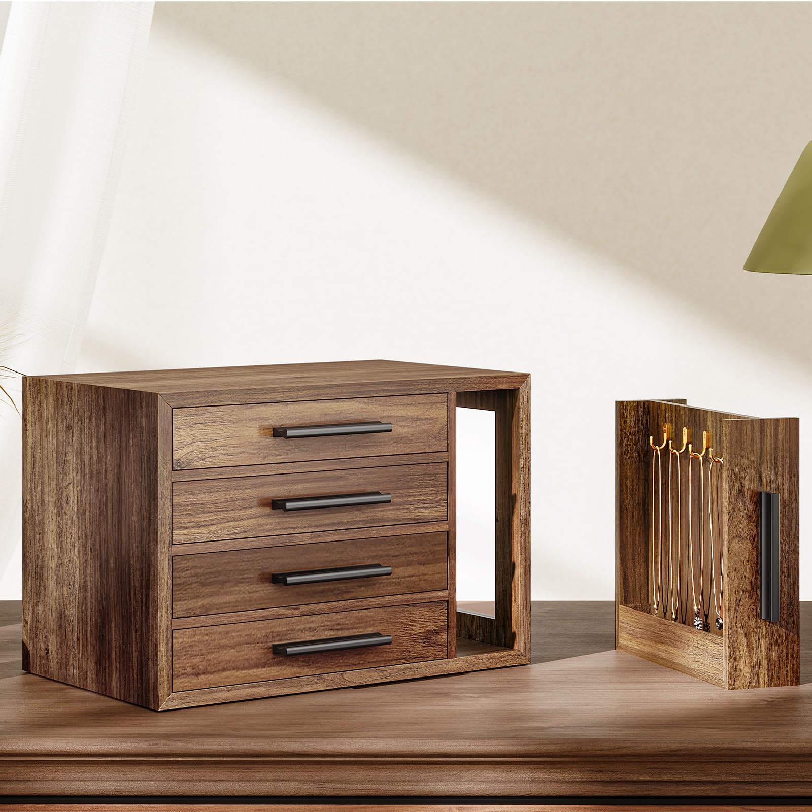 HOOBRO Caja Joyero, Organizador de Joyas de 4 Niveles de Madera con Ventana Transparente, Caja de Joyas para Pendientes, Collares, Anillos, Nogal y Negro EBH09JB04