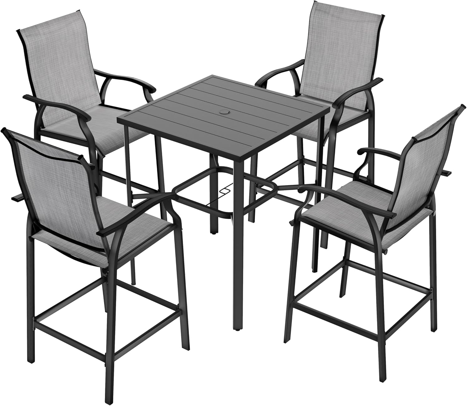 NUU GARDEN 5 Piece Outdoor Bar Set, Bar Height Patio Bistro Set, Textilene Height Back Bar Stools with Footrest and High Top Table with Umbrella Hole for Pool Porch Balcony, Black and Gray