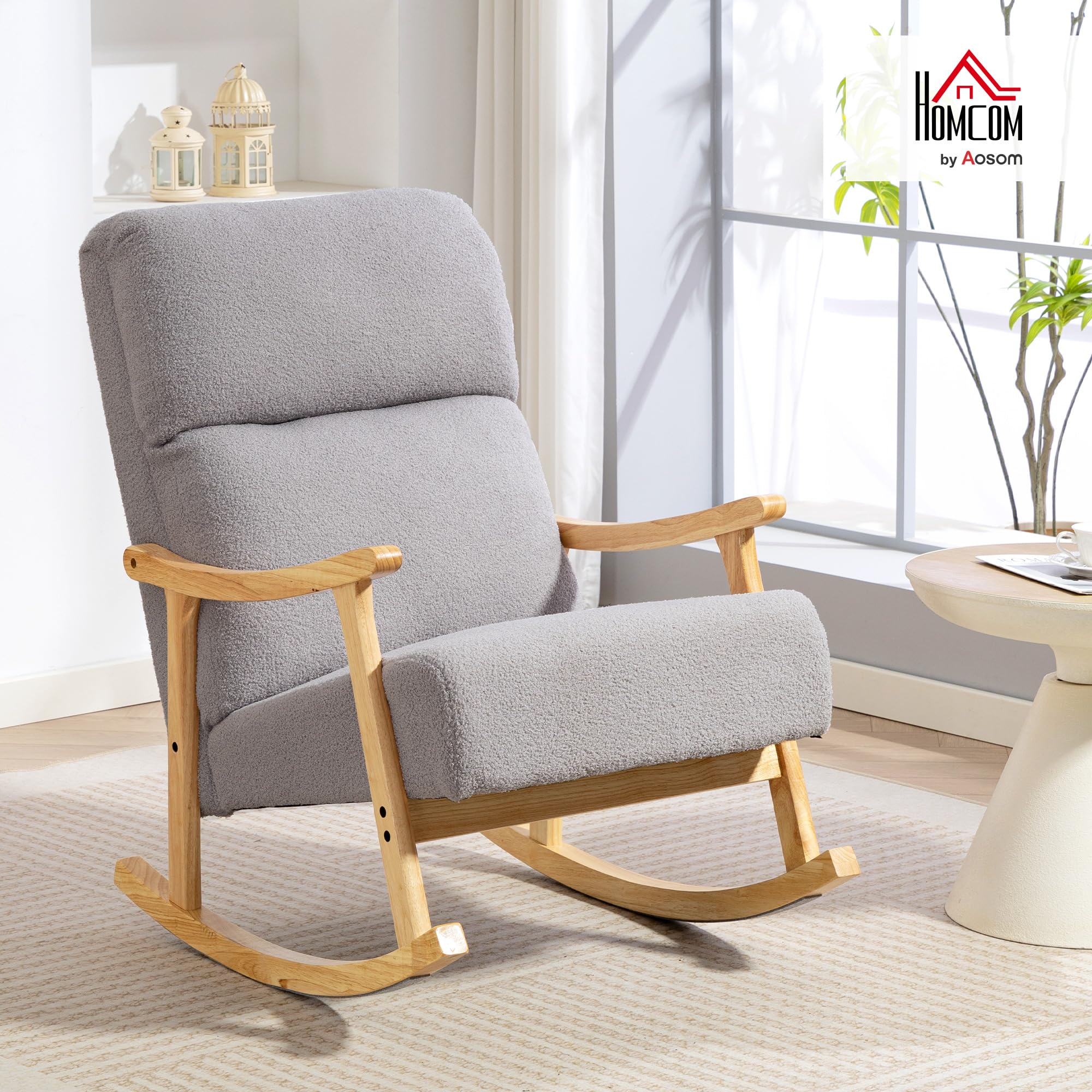 HOMCOM Silla Mecedora de Borreguito Moderna, Mecedora con Patas y Reposabrazos de Madera de Caucho, Respaldo Alto, Carga 120 kg, para Dormitorio, Salón, Gris Claro