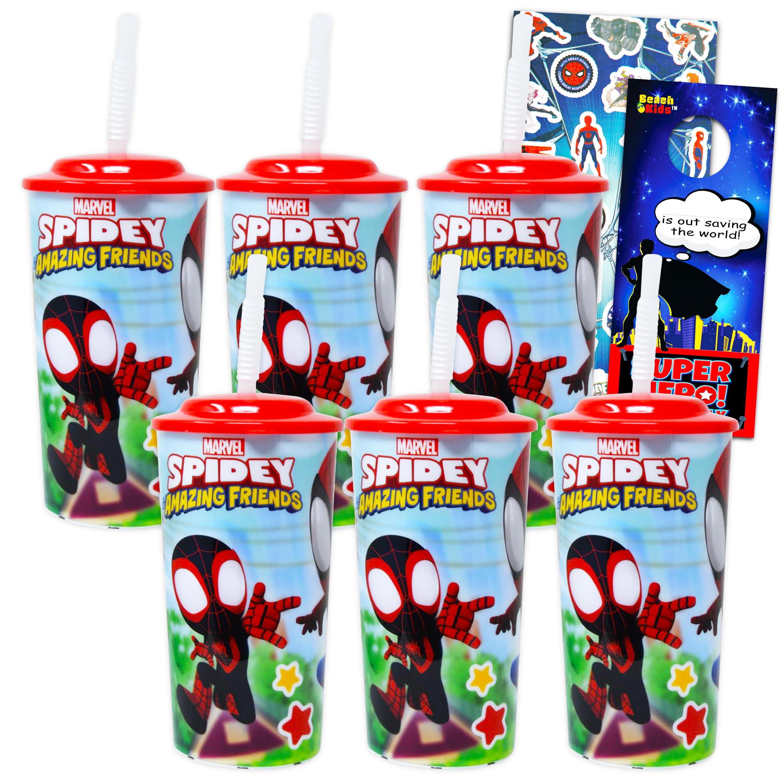 Marvel Spiderman 16oz Water Bottle Set ~ 6pc Bundle Spidey and his Amazing Friends Refillable Cups with Straws for School Supplies, Sports, and More