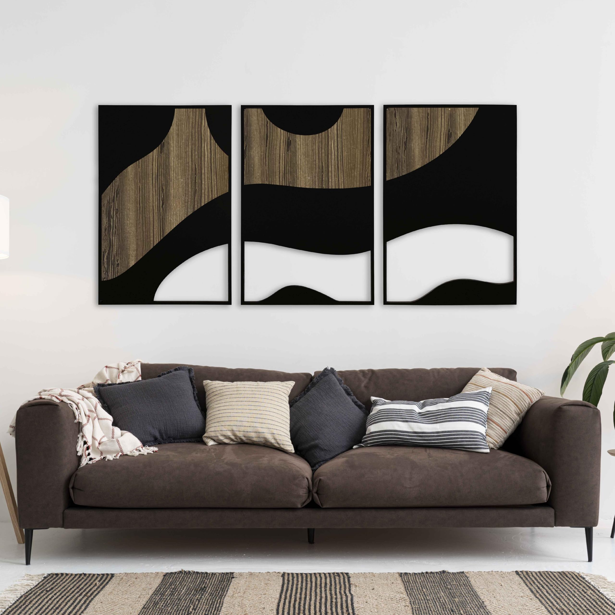 Zeitgenössische Holzwandkunst, Triptychon, abstrakte Kurven im Erdton, Wanddekoration, moderne neutrale Wandpaneele, neues Zuhause, Akzente, Geschenk für Wohnzimmer und Schlafzimmer