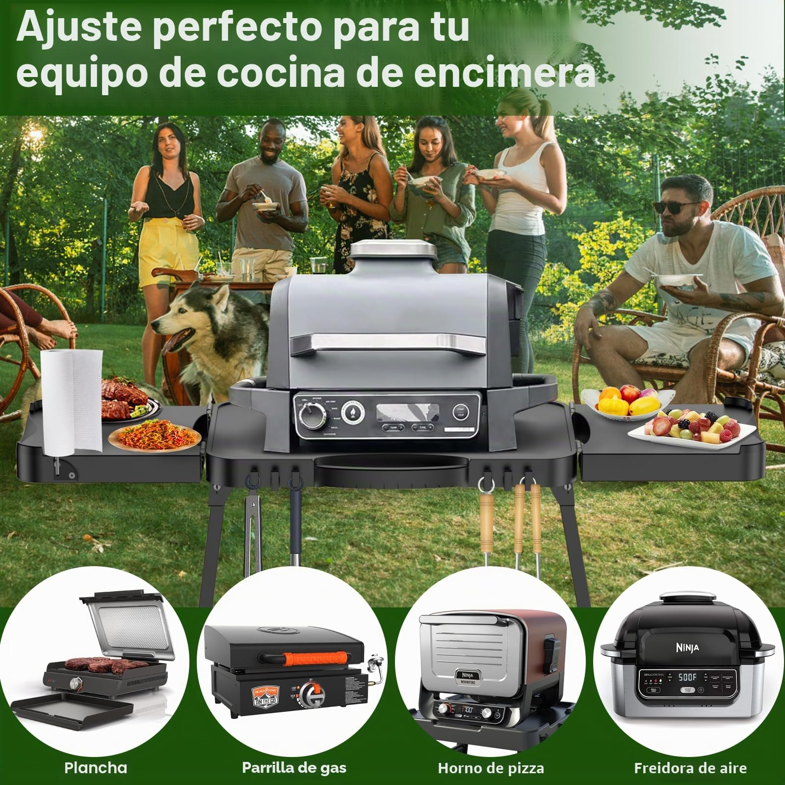GFTIME Carro de barbacoa portátil universal para Enders Urban, Weber Q100/Q200/Q300, Ninja Woodfire, Burnhard Wayne – Soporte plegable para barbacoa al aire libre con gran superficie de trabajo y