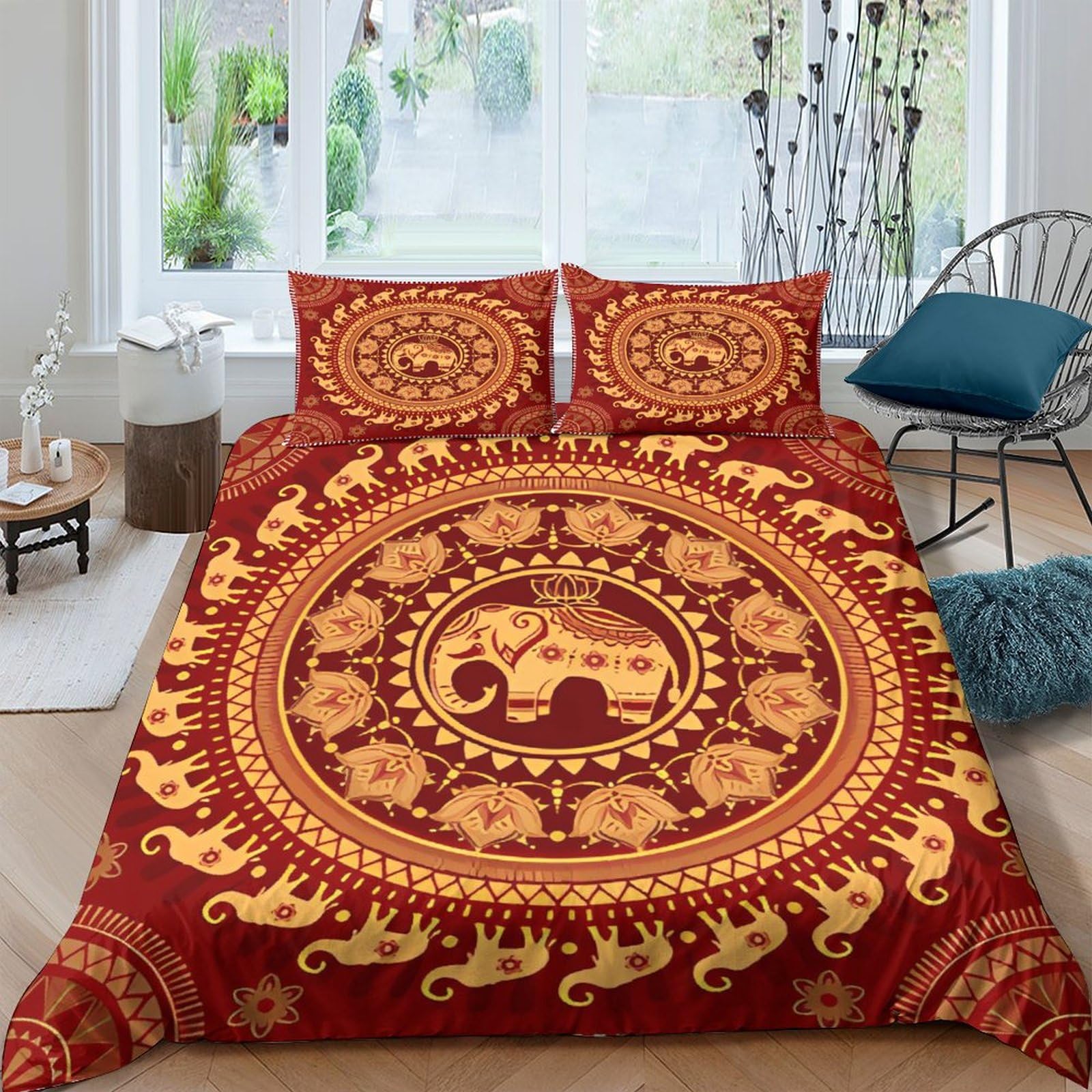 Juego de cama de elefante indio para dormitorios exóticos y modernos con funda nórdica 3 piezas