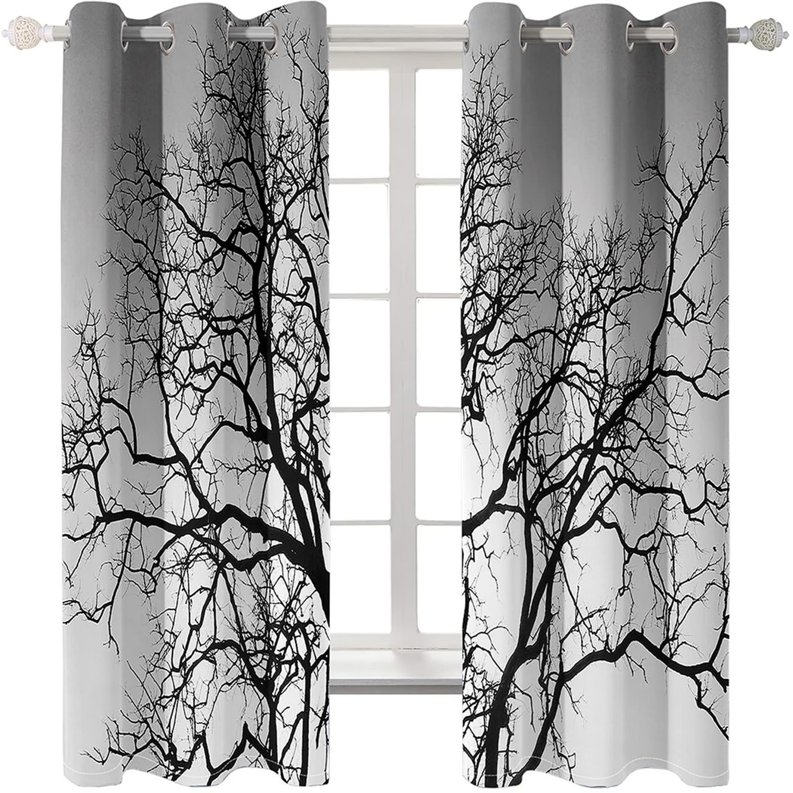 Lot de 2 Rideau Occultant Fenetre, Rideaux Occultants Thermique à Oeillets Paysage de Branches D'Arbres Fenêtre Rideau pour Salon Chambre Decor Intérieurs, 96x214 CM(LxH), Gris