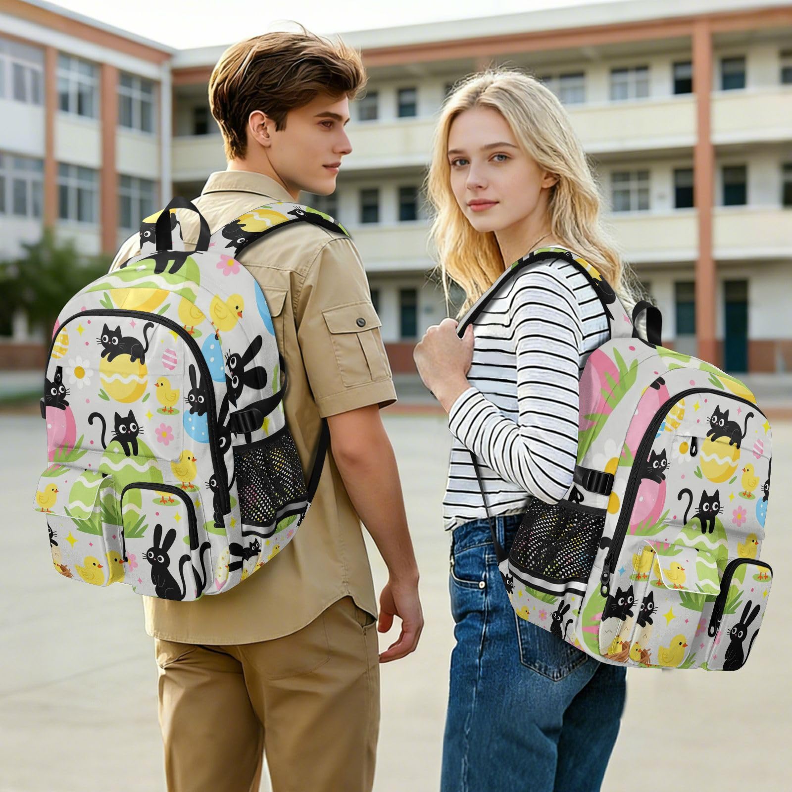 Duży plecak podróżny czarny kot z jajkami królika Happy Easter Work College School Bookbag