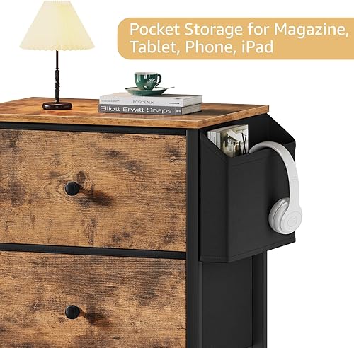 Miniatura 6 de BOLUO Juego de 2 mesitas de noche con cajones, mesita de noche pequeña con bolsillo y 2 cajones para dormitorio, juego de mesa auxiliar marrón