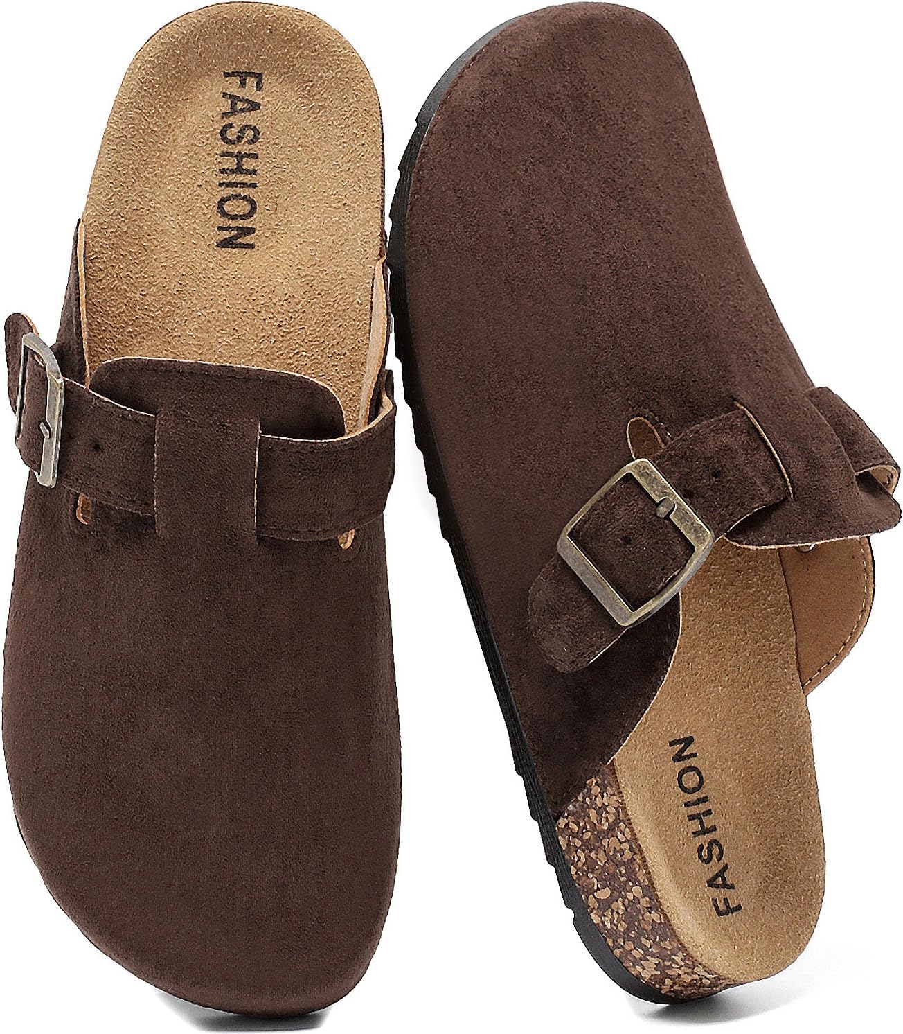 Women's Suede Clogs Mens Leather Mules Comfort Cork Footbed Antislip House Sandals Arch Support Potato Shoes with Adjustable Buckle