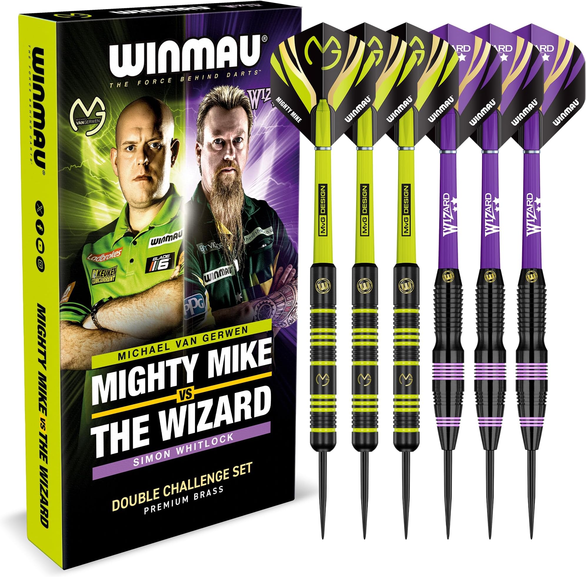 Winmau Darts Michael 'MvG' Van Gerwen Vs Simon 'The Wizard' Whitlock | Twin Set | 22g Steeltip Brass Darts Set with Flights and Shafts (Stems)