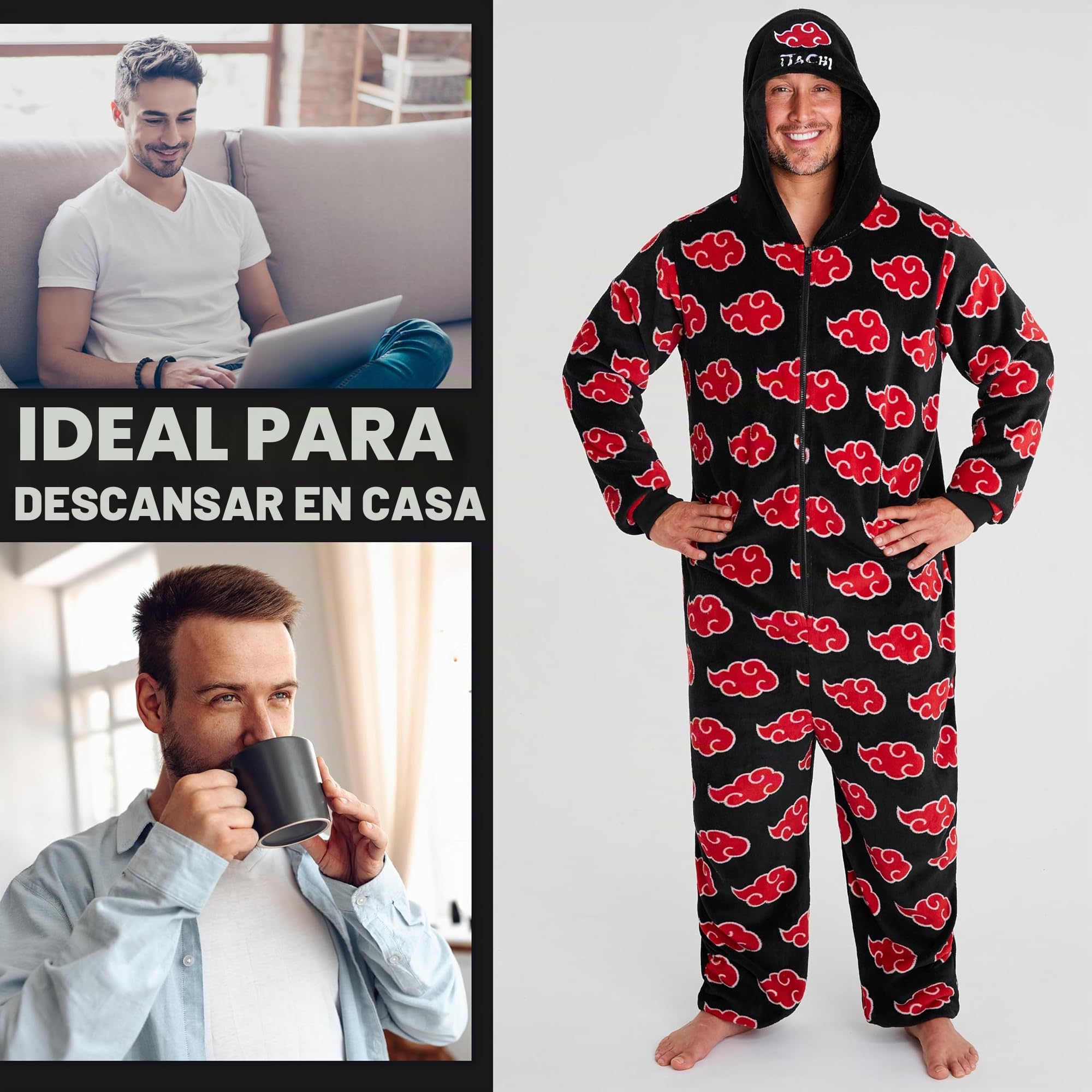 NARUTO Pijama Entero Hombre Invierno, M-3XL, Mono Polar Anime con Capucha y Cremallera, Regalos Anime Hombres y Adolescentes