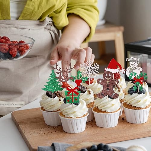 Vista 92 de Rsstarxi Paquete de 30 adornos navideños para cupcakes de hombre de jengibre con purpurina para baby shower, decoración para temática de Feliz