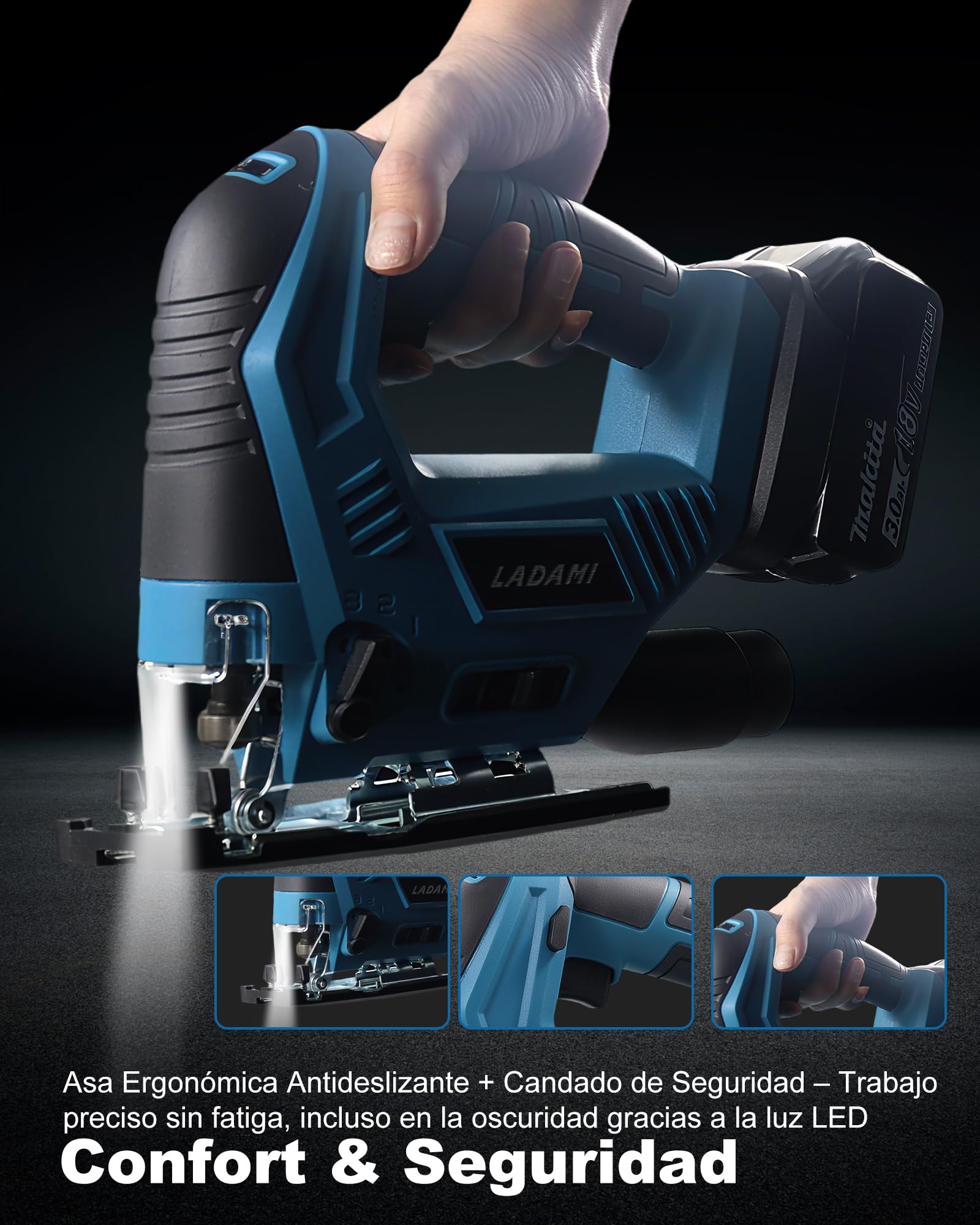 Sierra de calar inalámbrica compatible con Makita, para Einhell, para baterías Bosch, 7 niveles de control de velocidad variable, sierra de calar inalámbrica con hoja de sierra para madera, PVC