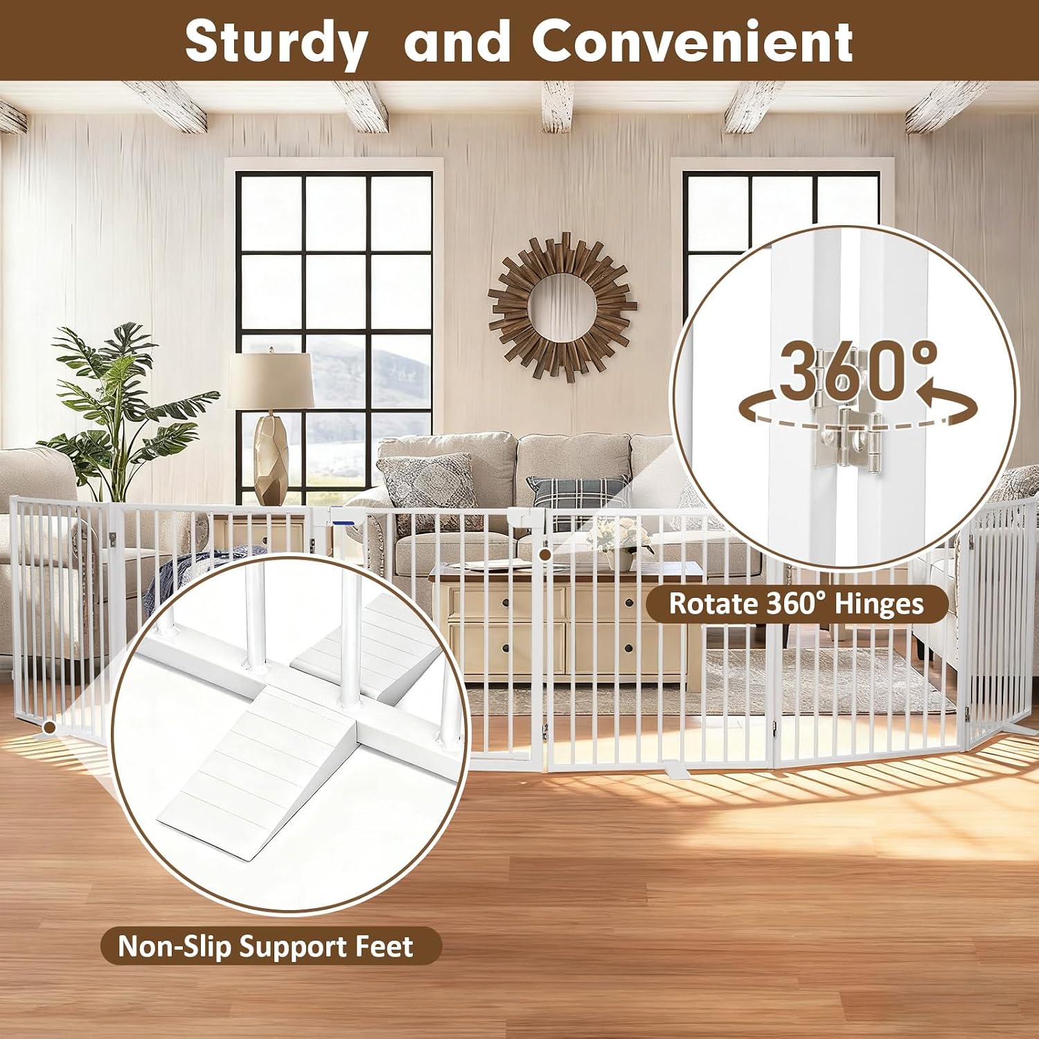 156" Extra Wide Dog Gate, Heavy Duty Metal Freestanding Dog Gate with Door for Indoor & Outdoor, Foldable Pet Fence for Doorways,House,Porch,Deck,Yard,Stairs, Auto Close(6 Panels,White)