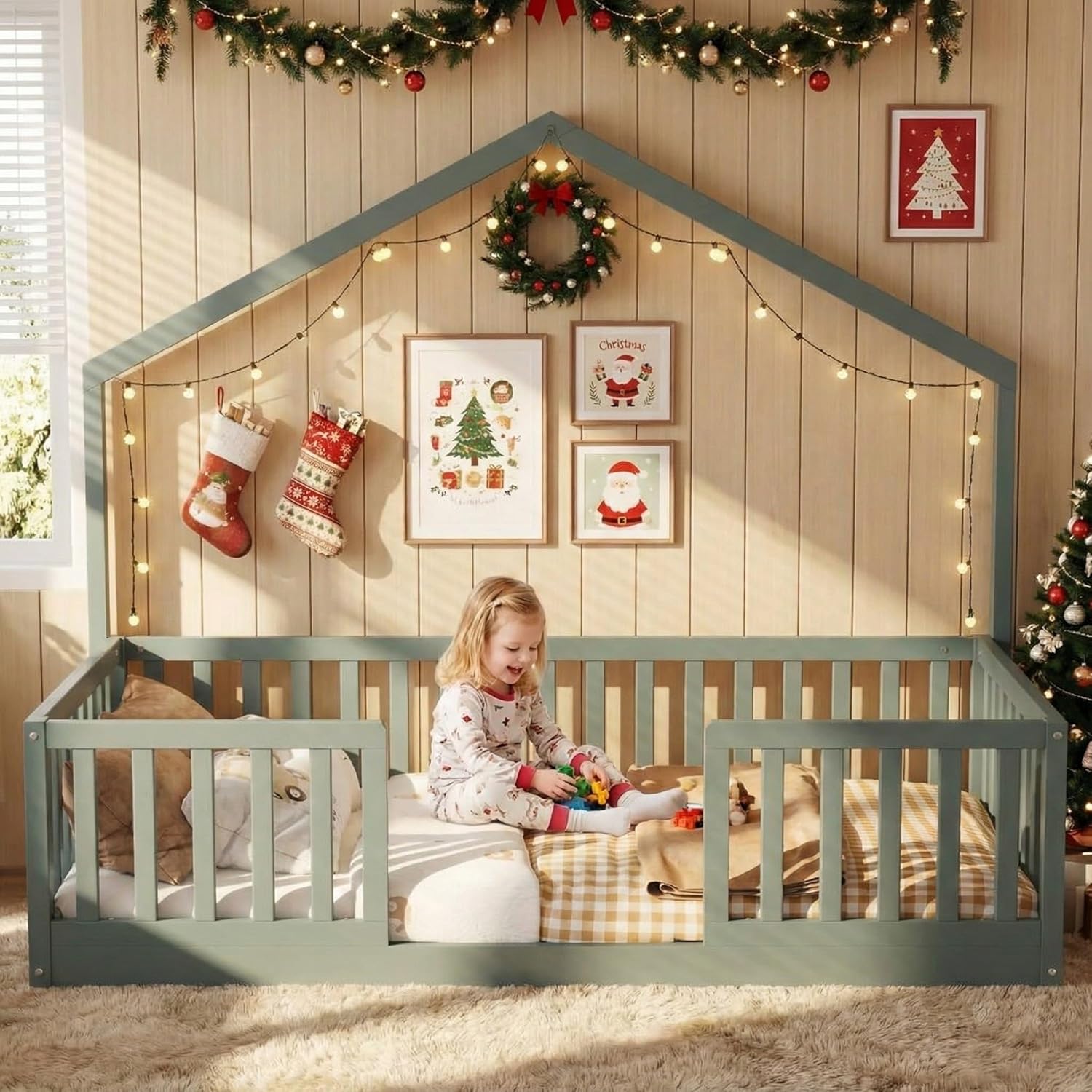 Twin Size Montessori Floor Bed with High Rails, Wood House Beds Frame with LED Light,Low Profile Montessori Bed Twin with Slats for Kids,Boys, Girls, Easy to Assembly, Grey