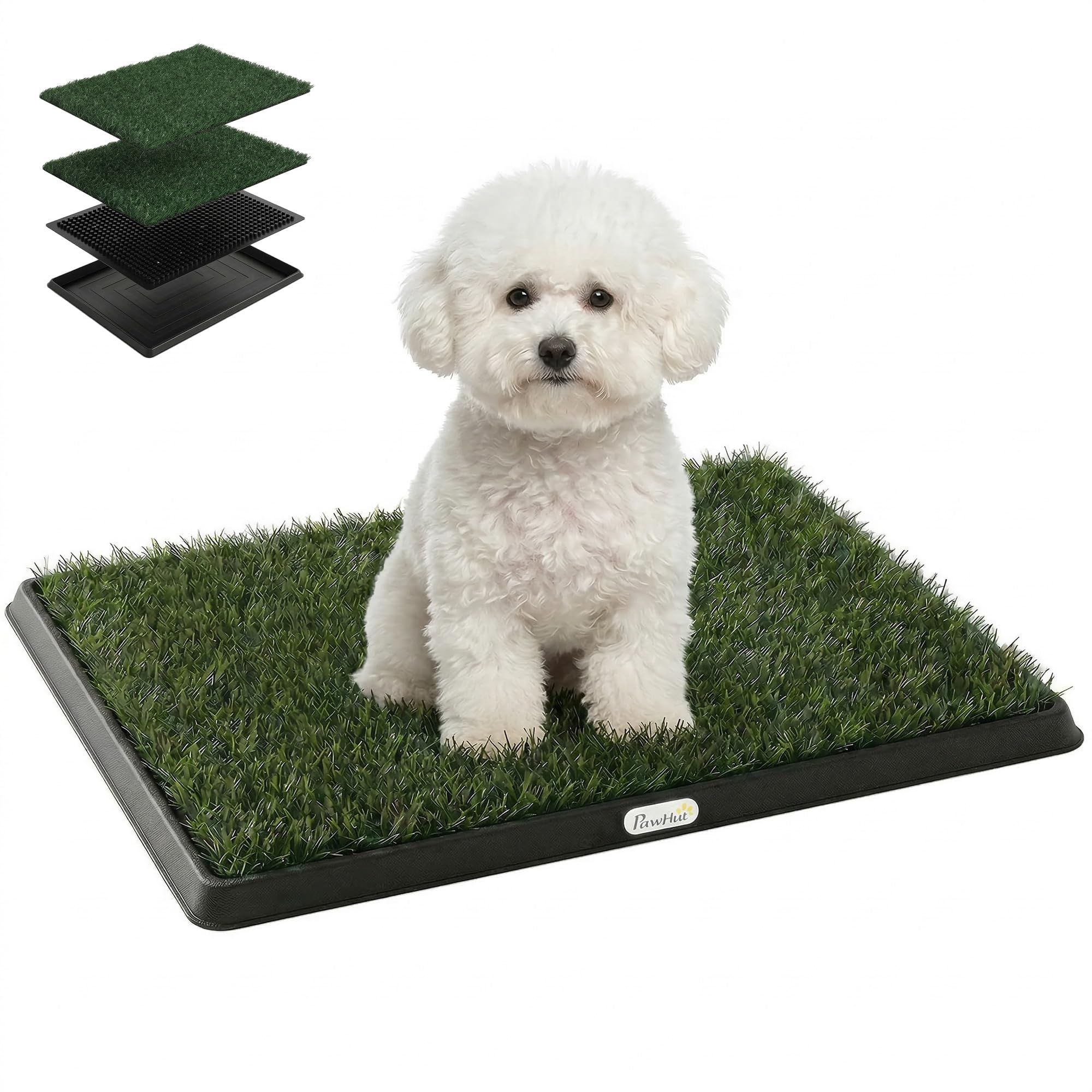 PawHut Toilette pour Chien avec Grille de Drainage, 2 Tapis en Gazon Artificiel, Système Lavable 3 Couches, Bac à Litière, 63x50,5x3,5cm, Noir