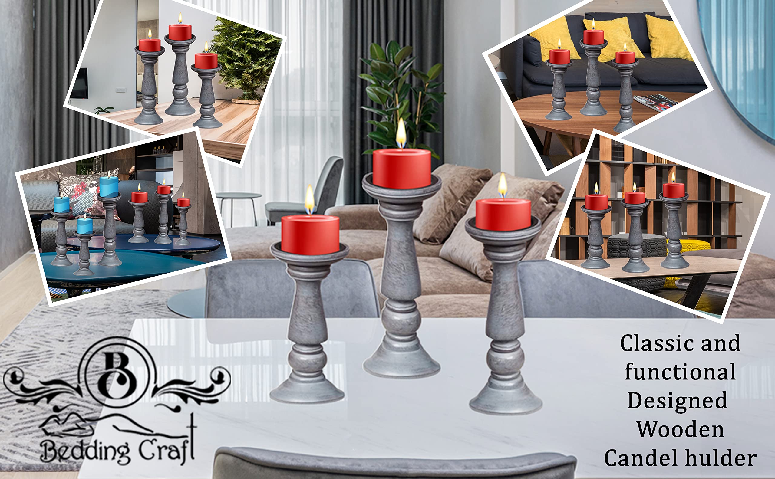 BEDDING CRAFT-Set of 3 Rustic Wood Candle Holders for Pillar Candles -Perfect for Room Decor and Table Centerpieces- 16", 14",12" Grey Wash - Ideal for Home, Parties and Christmas