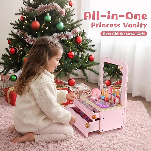 Miniatura 3 de Tocador de maquillaje para niñas pequeñas con espejo, tocador de maquillaje para niños con 27 piezas de accesorios, tocador de mesa para niñas
