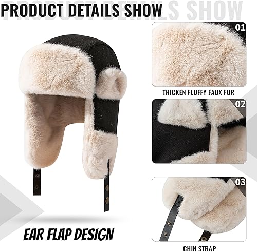 Vista 7 de Croogo Sombrero esquimal para clima frío, sombrero de trampero grueso de invierno, sombrero ruso Ushanka, resistente al viento, sombrero de esquí