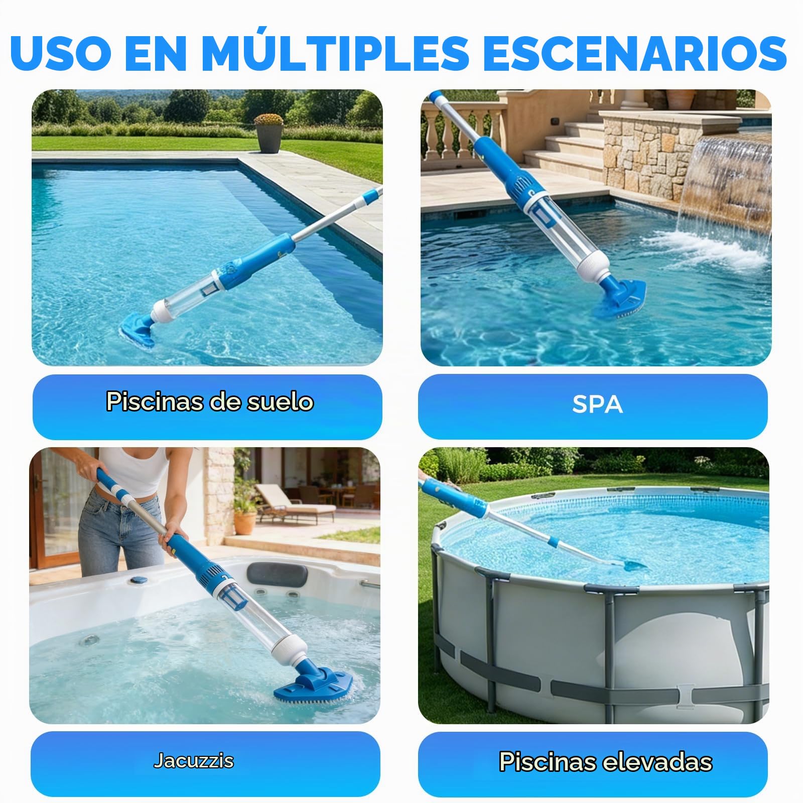Bostar 2026 Nuevo 35L/min Aspirador Piscina con Mango Telescópico, 3 en 1 Caudal de Succión Limpiafondos de Piscina a Bateria Inalámbrica para Piscina Pequeñas SPA