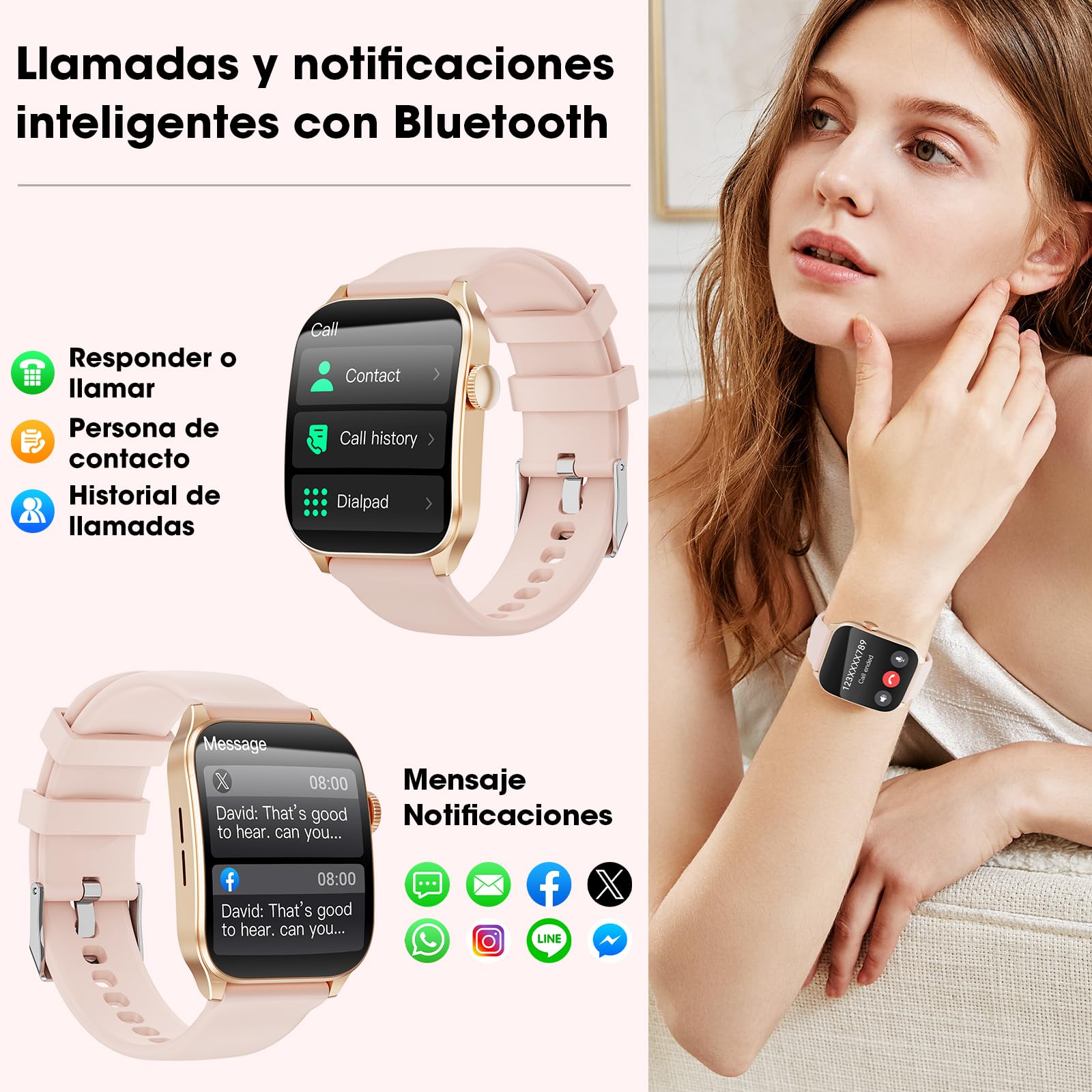 Reloj Inteligente Mujer, 1,91" HD Pantalla Curvada Grande, Moda Smartwatch, Llamadas Bluetooth/Pulsómetro/Monitor de Sueño/100+ Modos Deportivos IP67 Impermeable para Android iOS (Rosa)