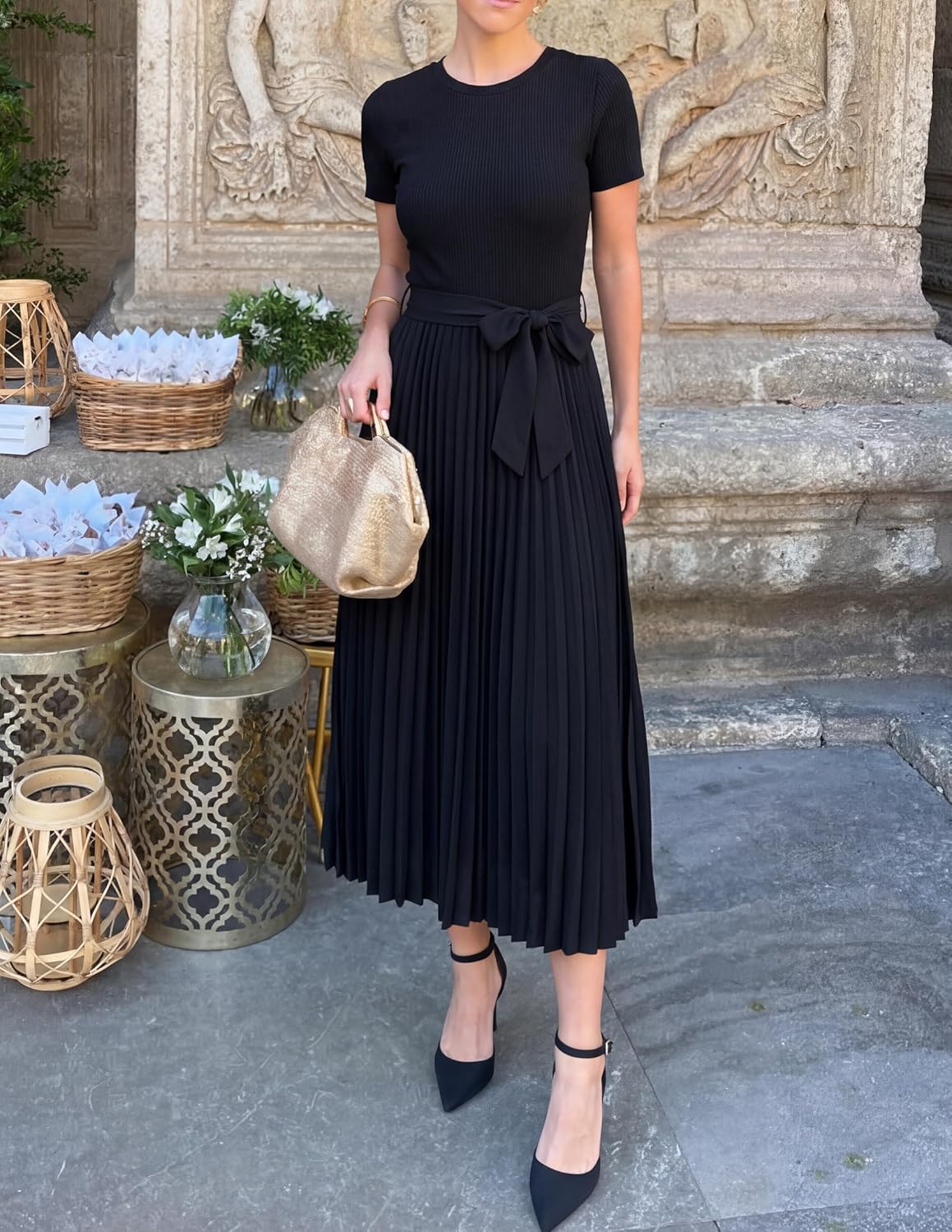 ZESICA Women's 2026 Summer Short Sleeve Midi Dresses Crewneck Knit Belted Pleated A Line Flowy Wedding Guest Long Dress
