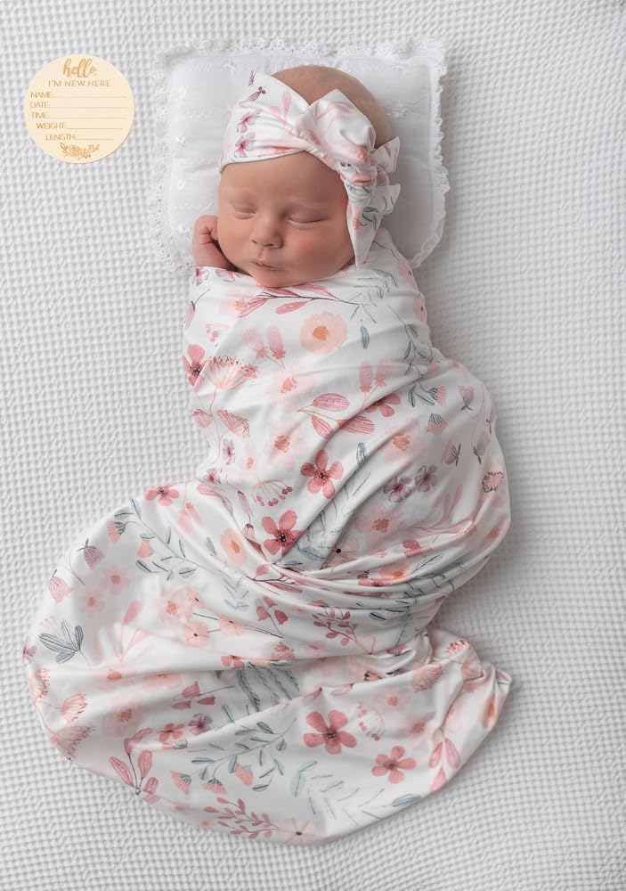 Swaddler Names And Flowers Personalized Swaddle Blanket Set With Hat And Bow Headband Custo main image 3