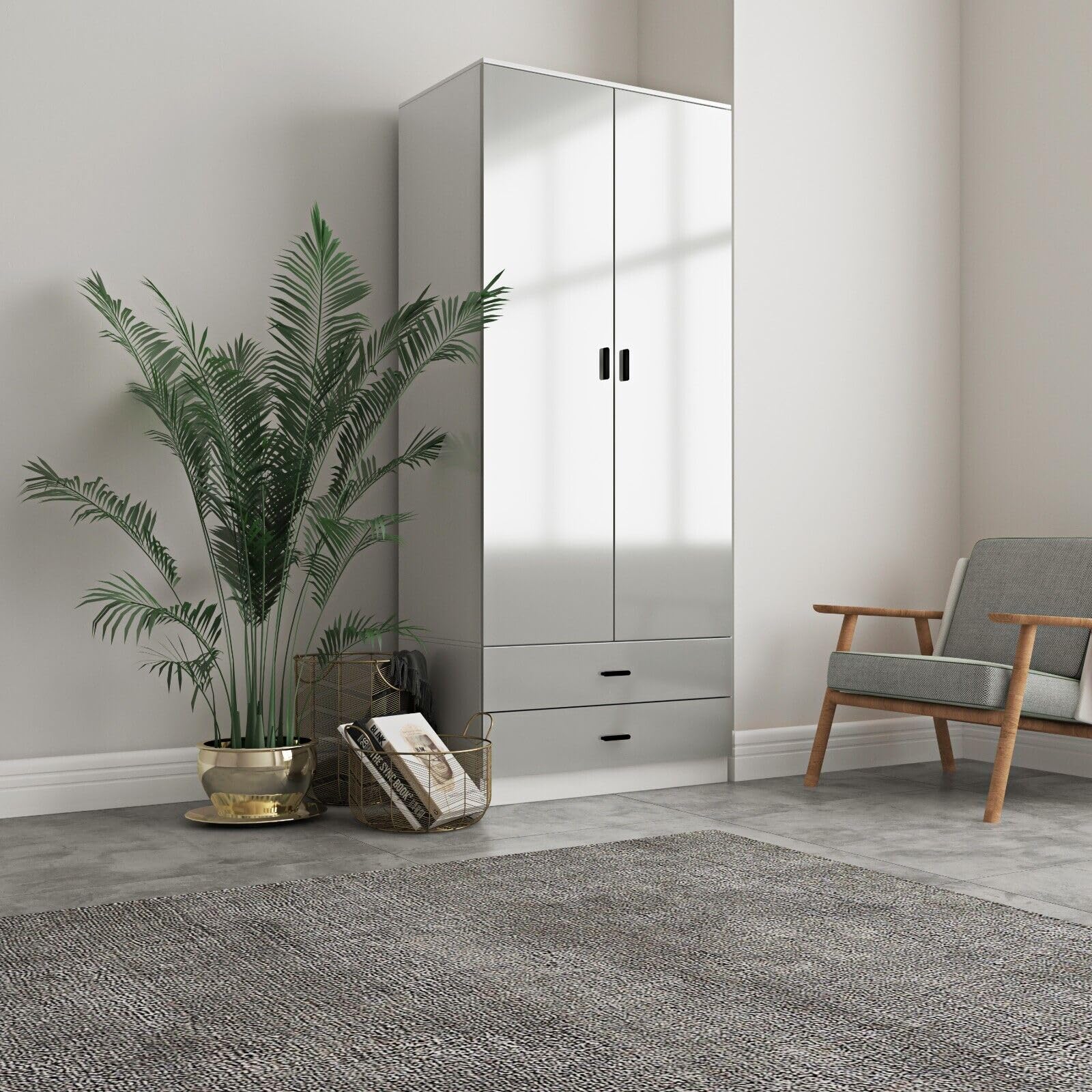 URBNLIVING Glossy Tall 2 Door Wardrobe Bedroom Storage with Hanging Rail Modern Furniture