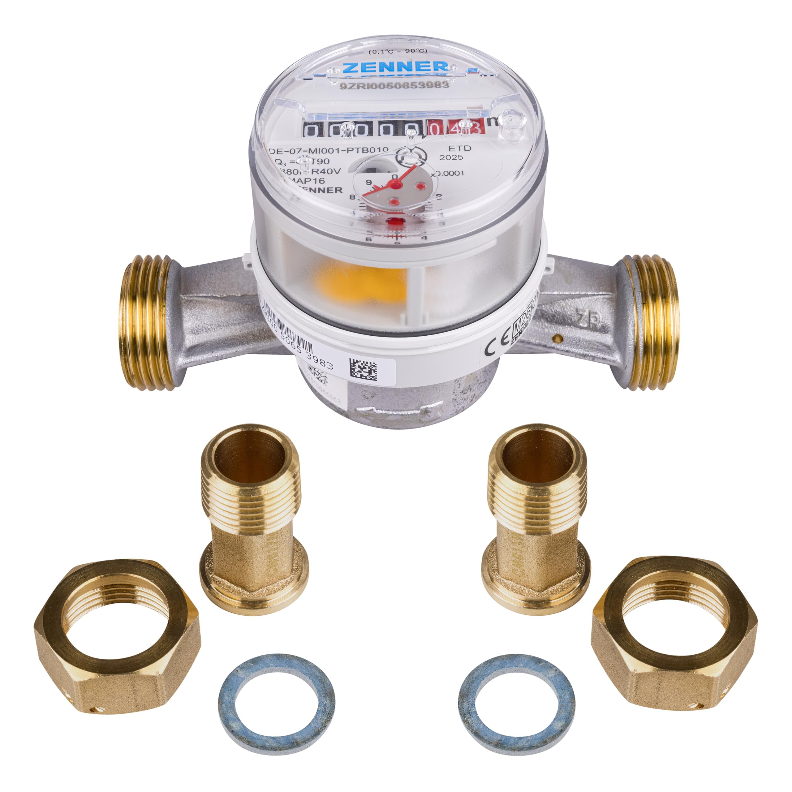 Zenner Compteur d'eau froide + chaude 3/4", longueur 130 mm, gris, avec raccords à vis et joints, calibrage 2026