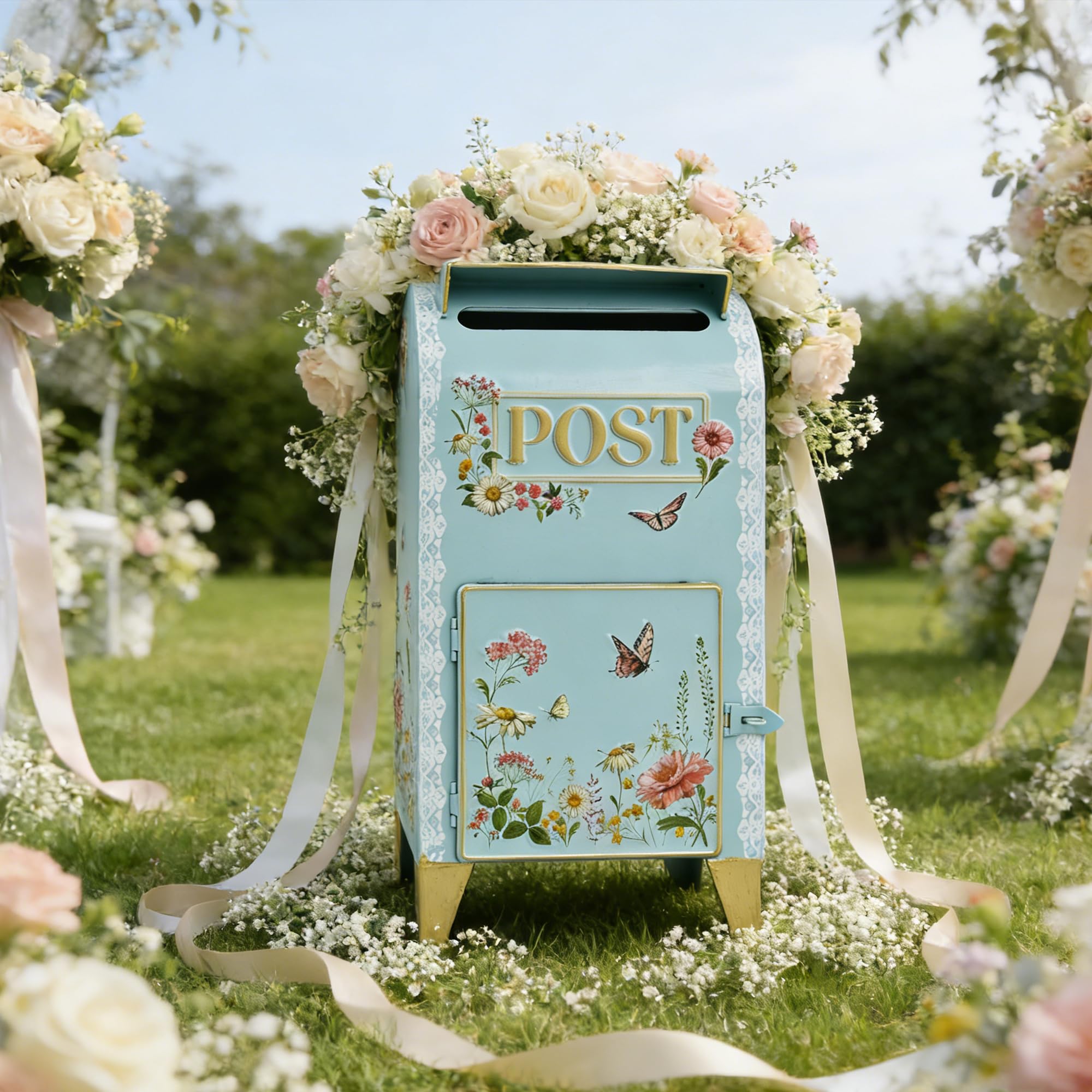 Photo 1 of Vintage Wedding Mailbox with Lockable Door Decorative Blue Standing Post Box Large Metal Home Decor Mail Boxes for Wedding Cards Baby Birthday Shower Graduation Party Reception Gift (Blue)